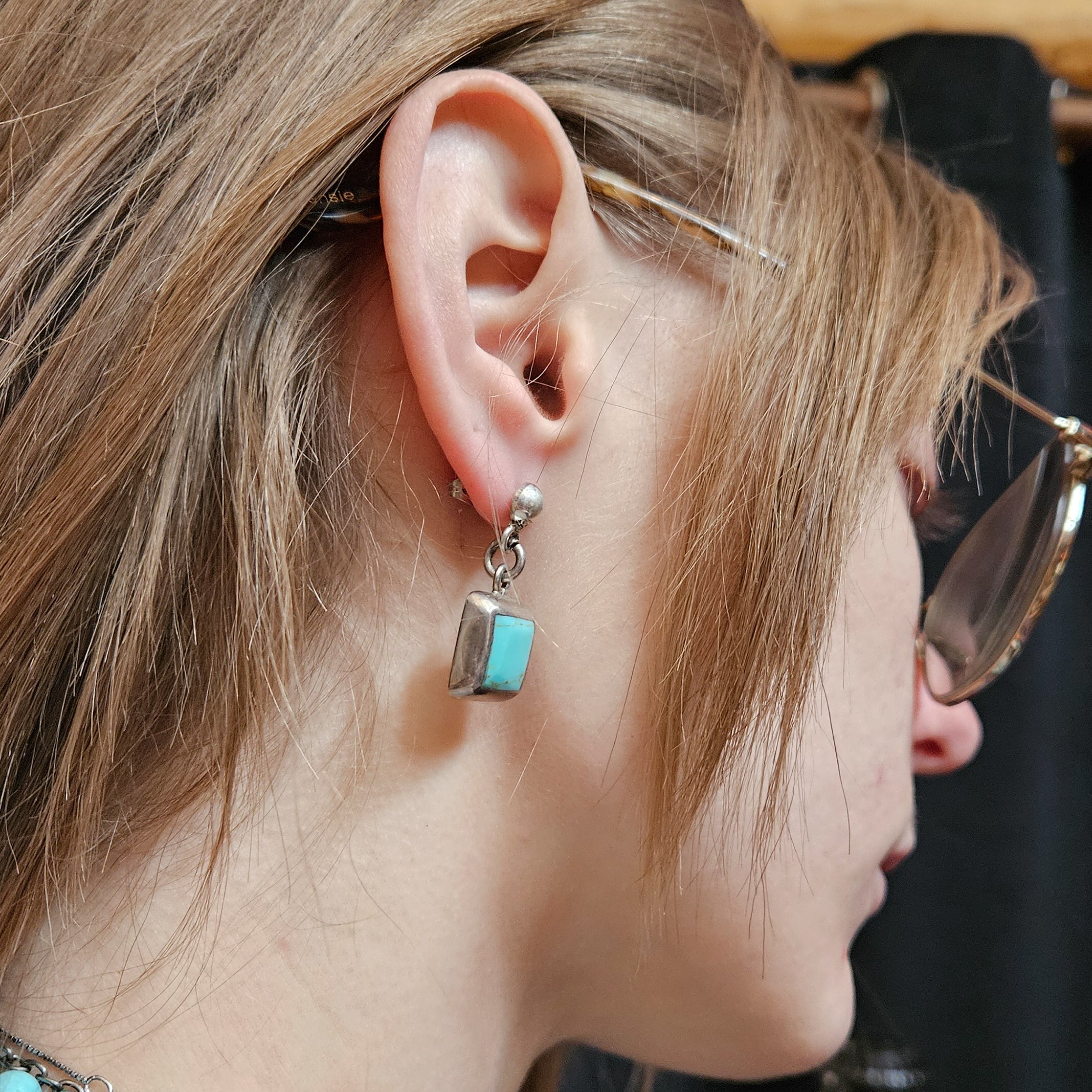 Timberline Turquoise Earrings with a Square Silver Border Handcrafted in Mexico
