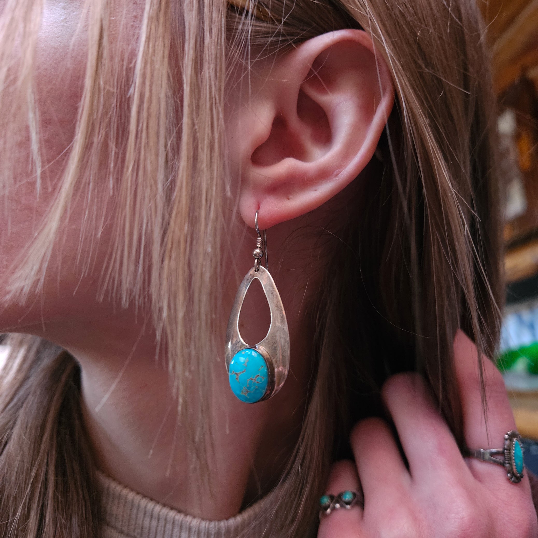 Vintage Navajo Turquoise Sterling Silver Tear Drop Shape  Dangle Earrings