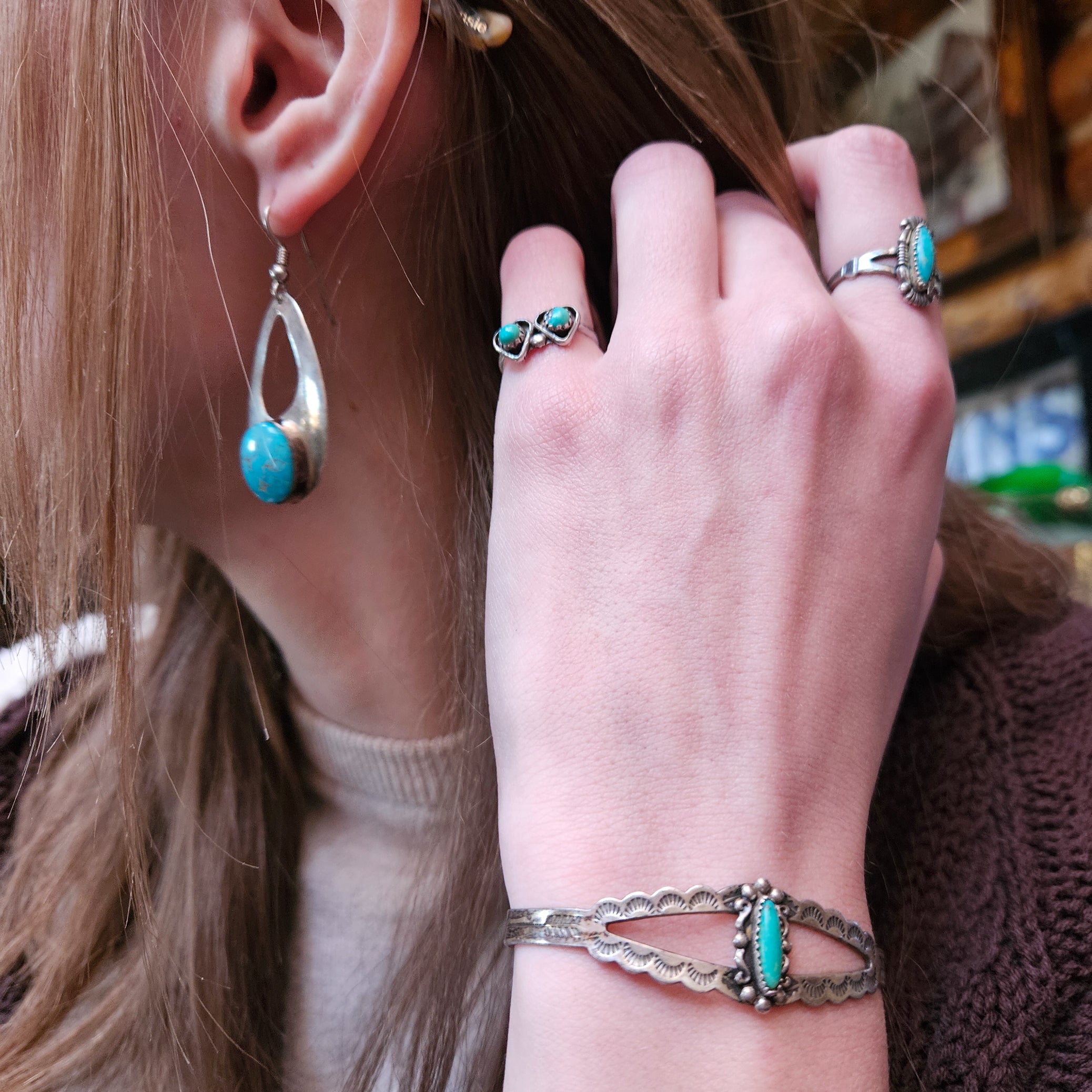 Vintage Navajo Turquoise Sterling Silver Tear Drop Shape  Dangle Earrings