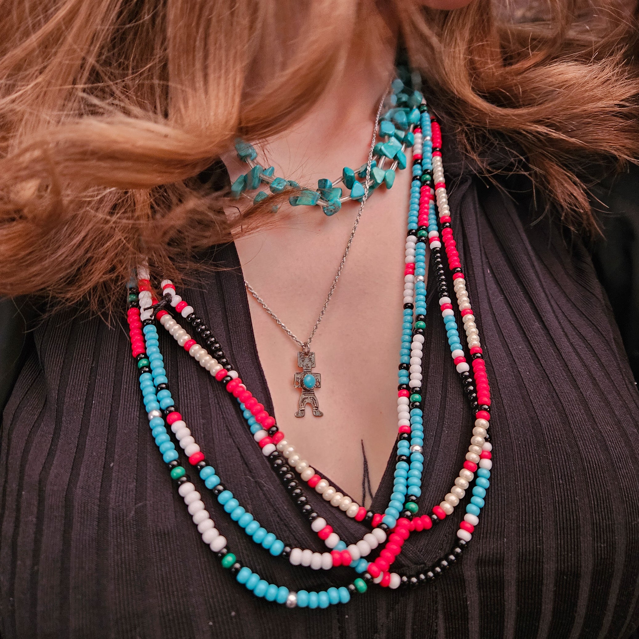 Vintage Sterling Silver Tiny Navajo Dancer Turquoise Pendant Harvey Era Native with Chain