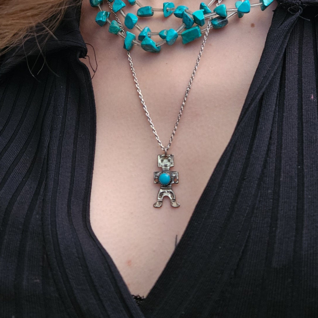 Vintage Sterling Silver Tiny Navajo Dancer Turquoise Pendant Harvey Era Native with Chain