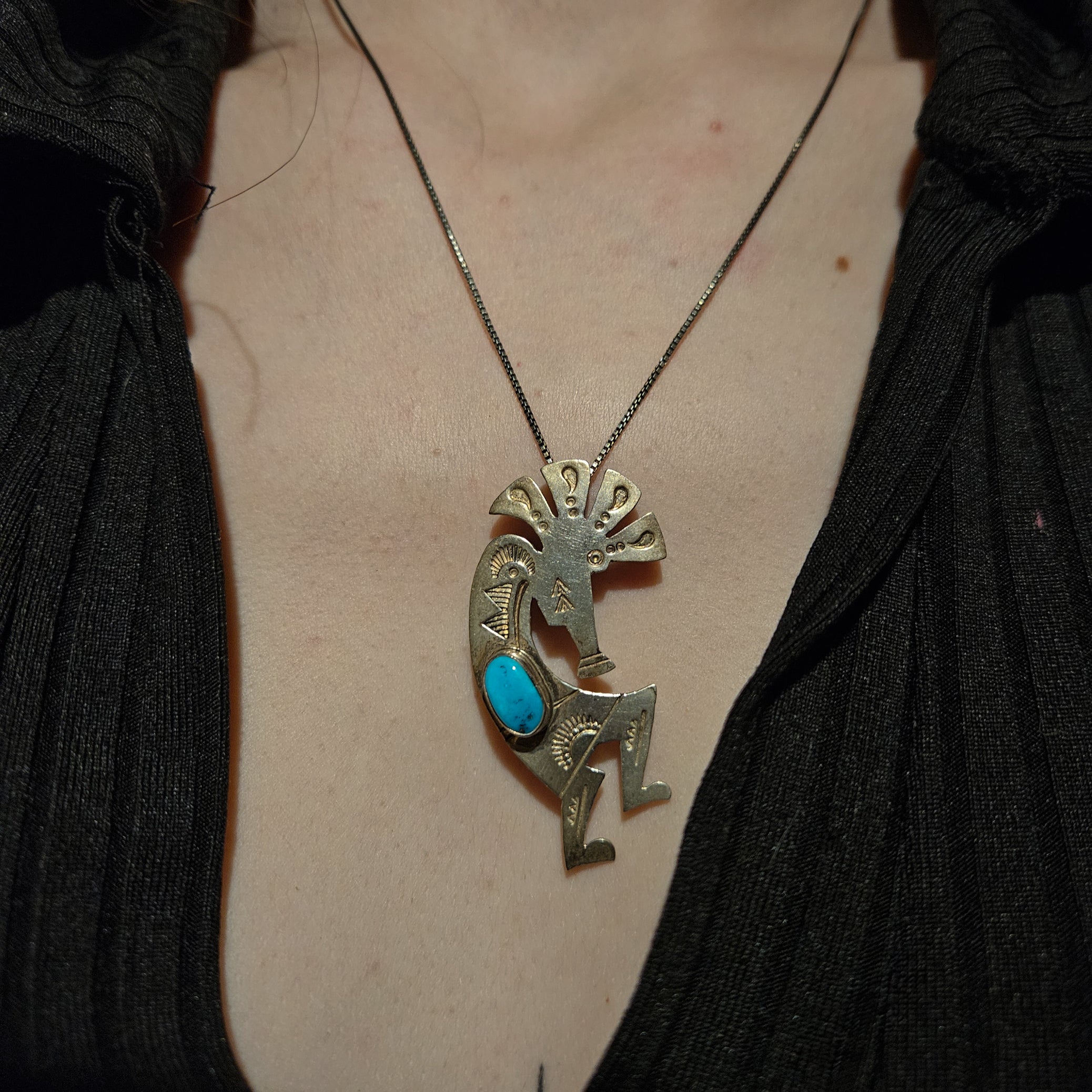 Vintage Navajo Sterling Silver Turquoise Kokopelli Pendant/Brooch with Silver Chain