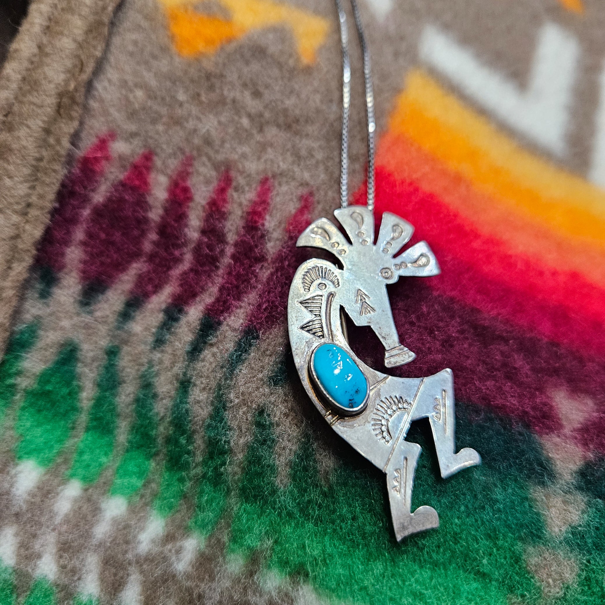 Vintage Navajo Sterling Silver Turquoise Kokopelli Pendant/Brooch with Silver Chain