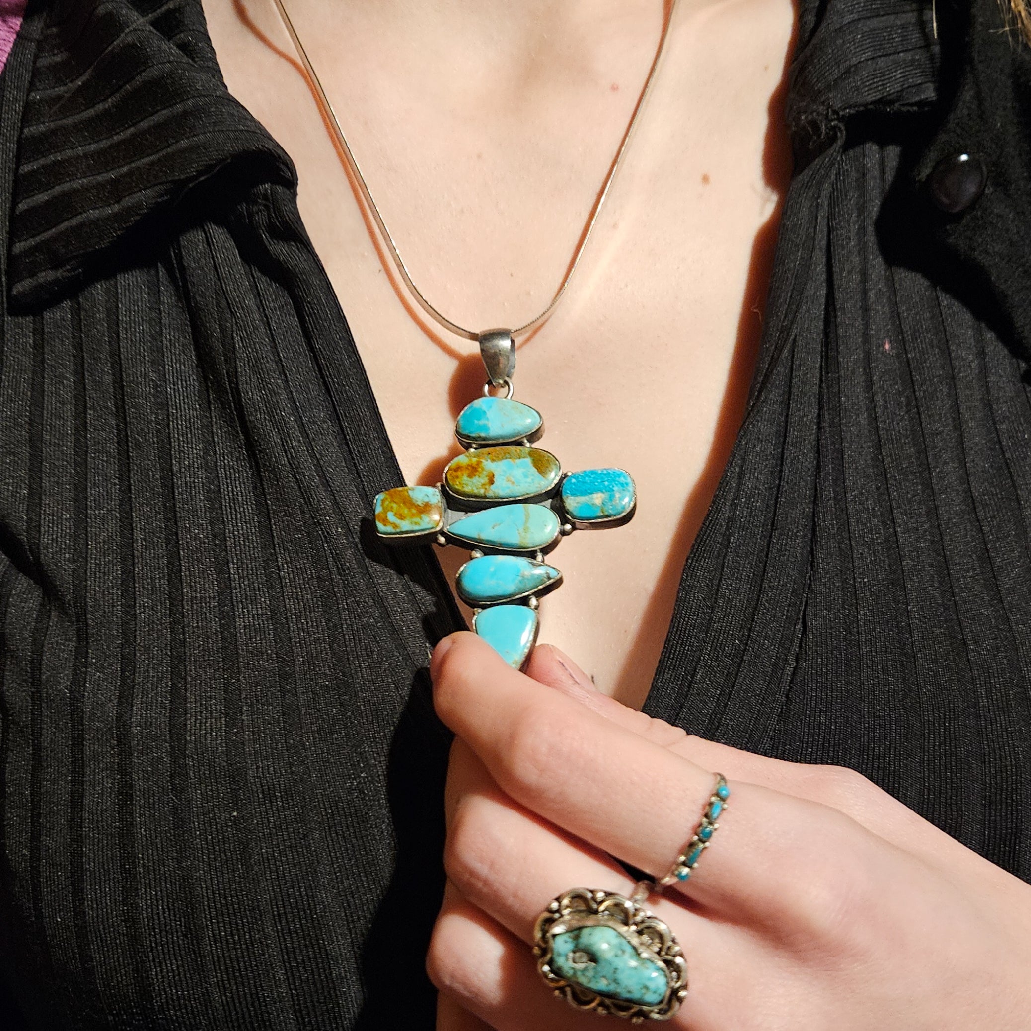 Navajo Large Natural Kingman Turquoise & Silver Cross Pendant Signed By Silversmith W.H.