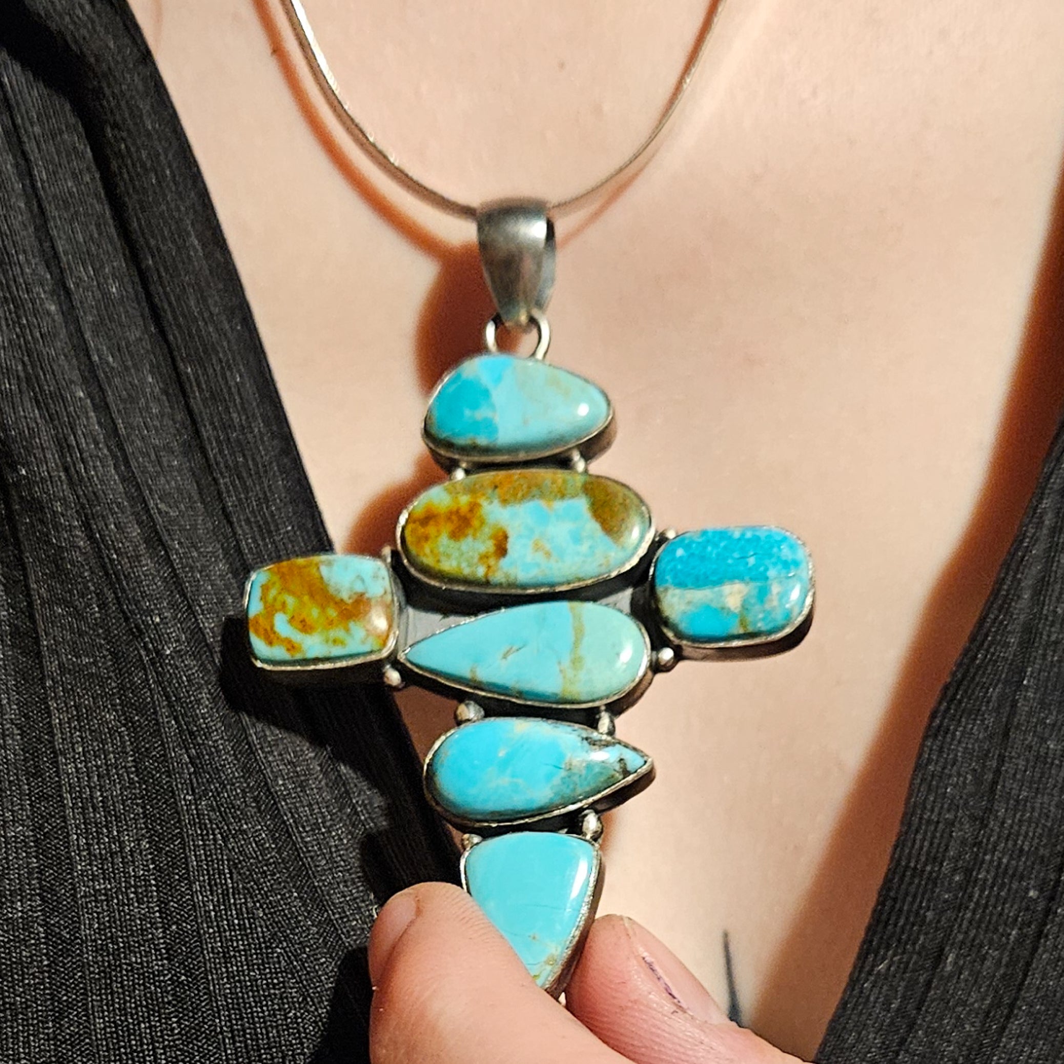 Navajo Large Natural Kingman Turquoise & Silver Cross Pendant Signed By Silversmith W.H.