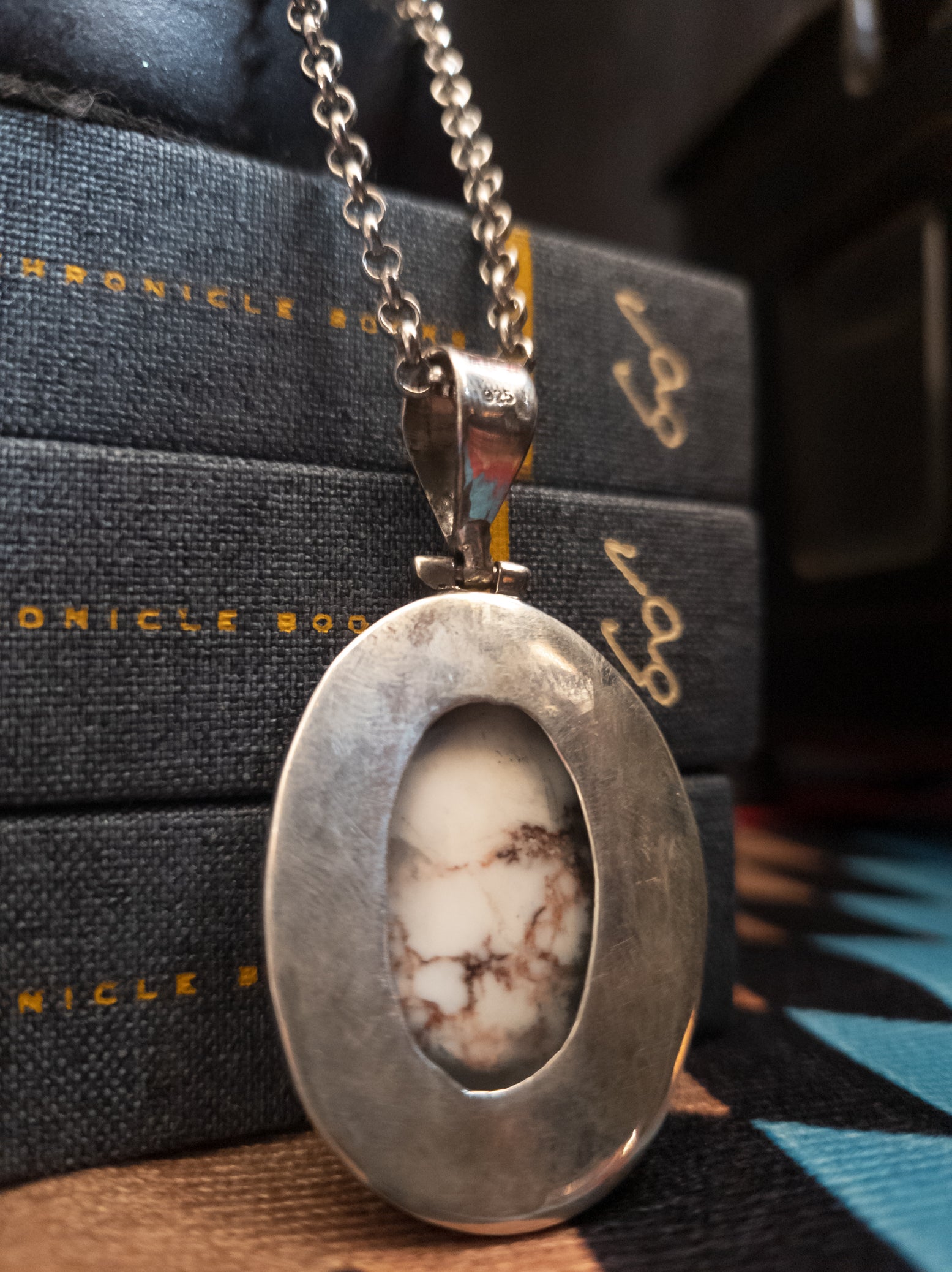 Large Natural Nevada White Turquoise and 925 Sterling Silver Pendant