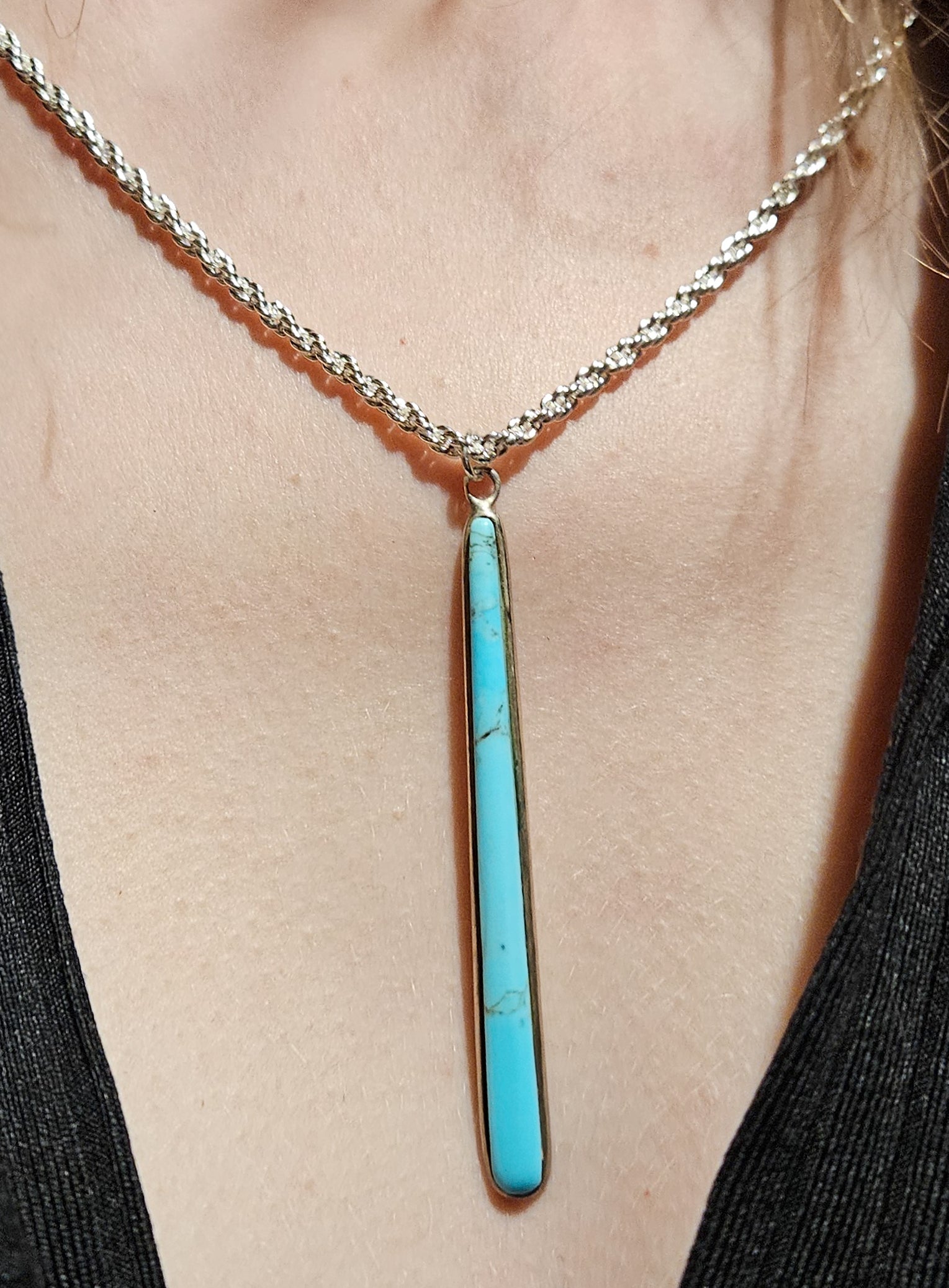 Long Turquoise Pendant 925 Sterling Silver Border with Sterling Silver Chain Made in the Philippine's