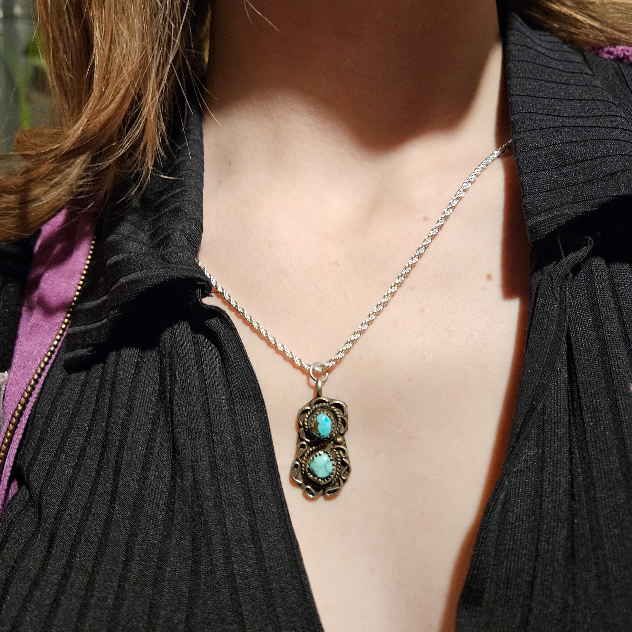 Vintage Navajo Turquoise Sterling Silver Pendant With Beautifully Deatiled Border