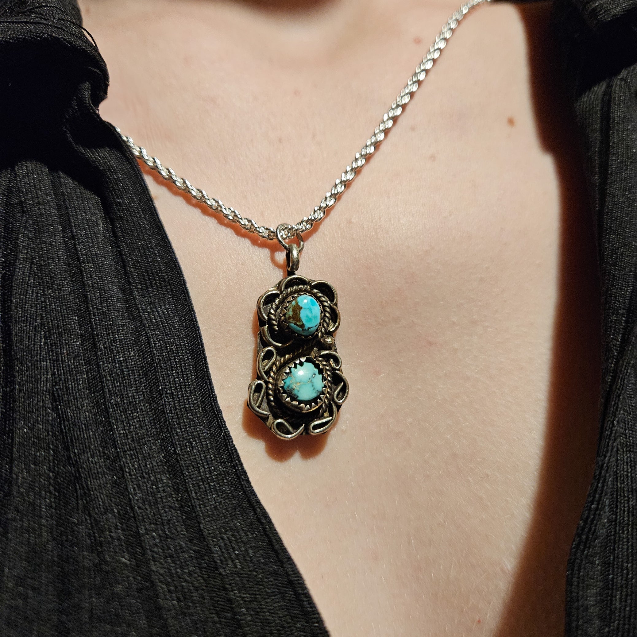 Vintage Navajo Turquoise Sterling Silver Pendant With Beautifully Deatiled Border