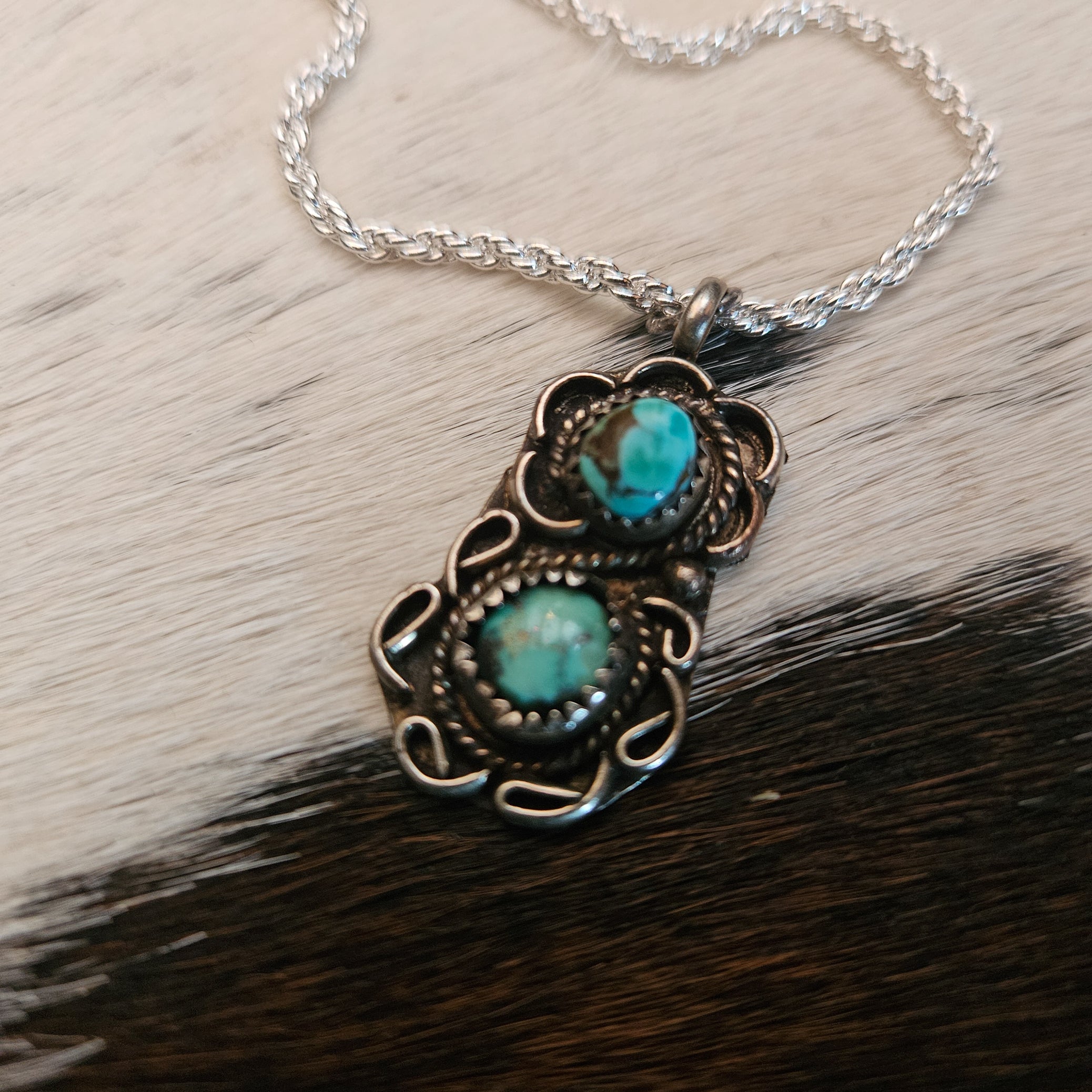 Vintage Navajo Turquoise Sterling Silver Pendant With Beautifully Deatiled Border