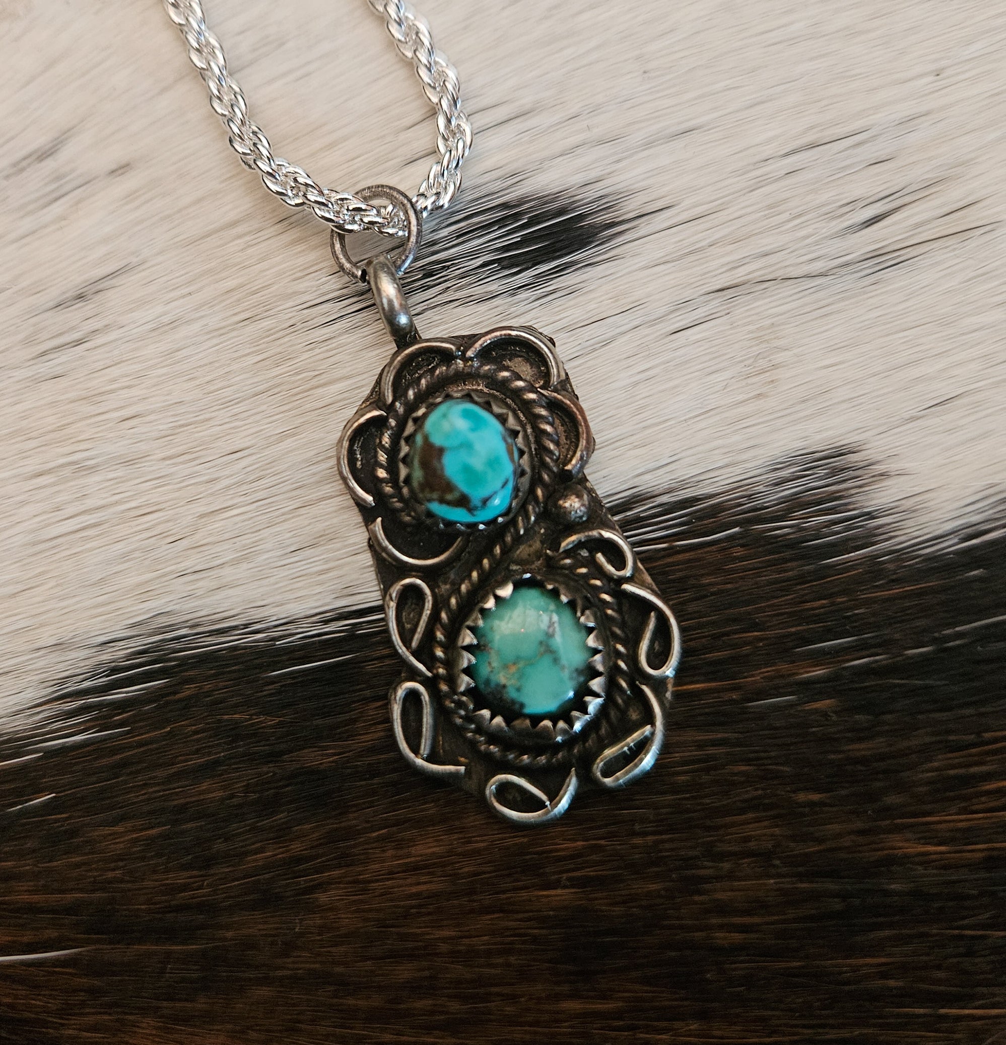 Vintage Navajo Turquoise Sterling Silver Pendant With Beautifully Deatiled Border