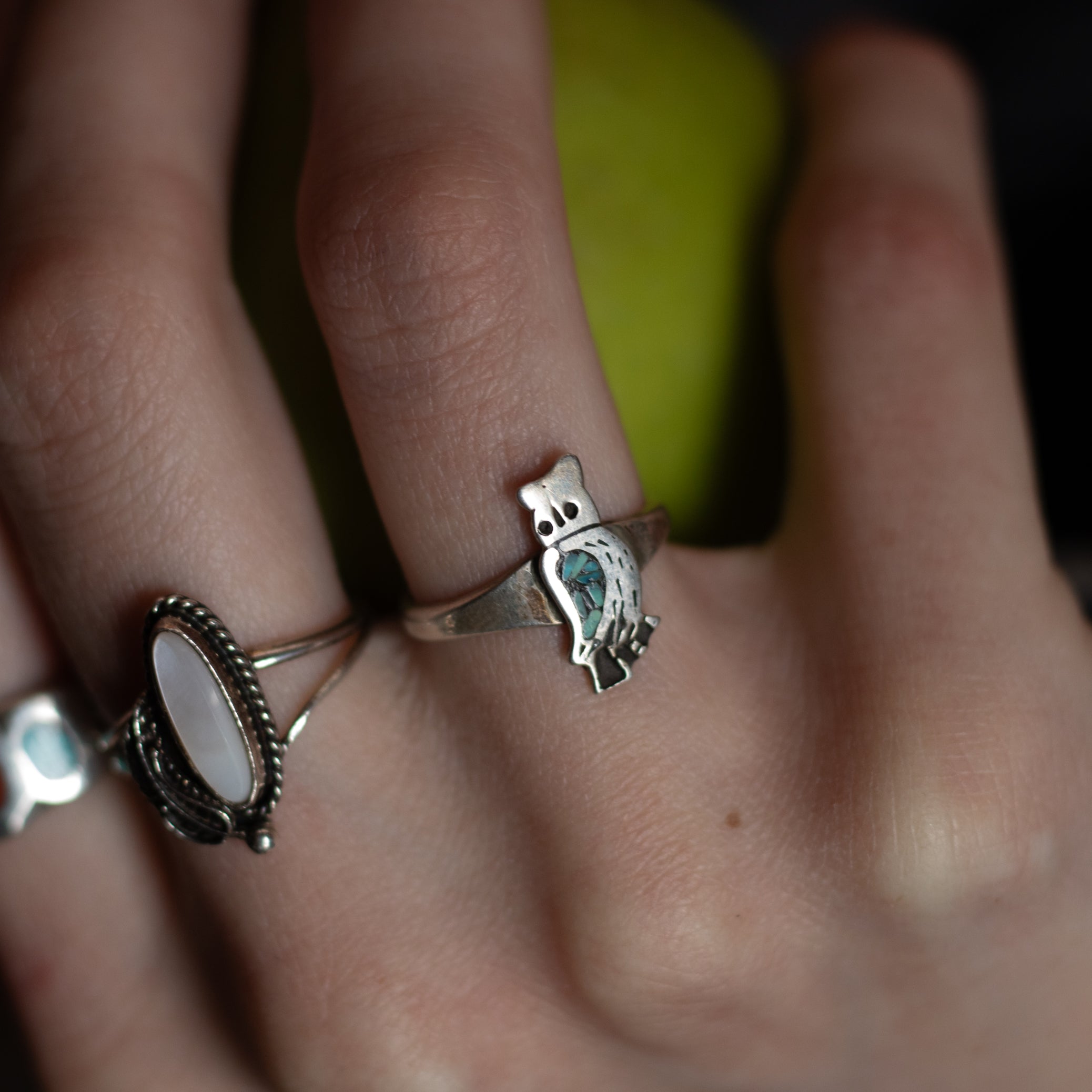 Vintage Navajo Sterling Silver Owl Ring with Hachita Turquoise Chips Inlaid in the Wing of the Owl Size 6