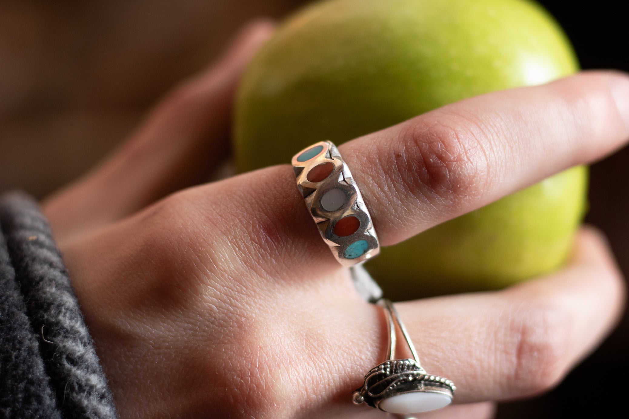 Vintage Navajo Sterling Silver Turquoise and Coral Inlaid in Ring Size 6.5
