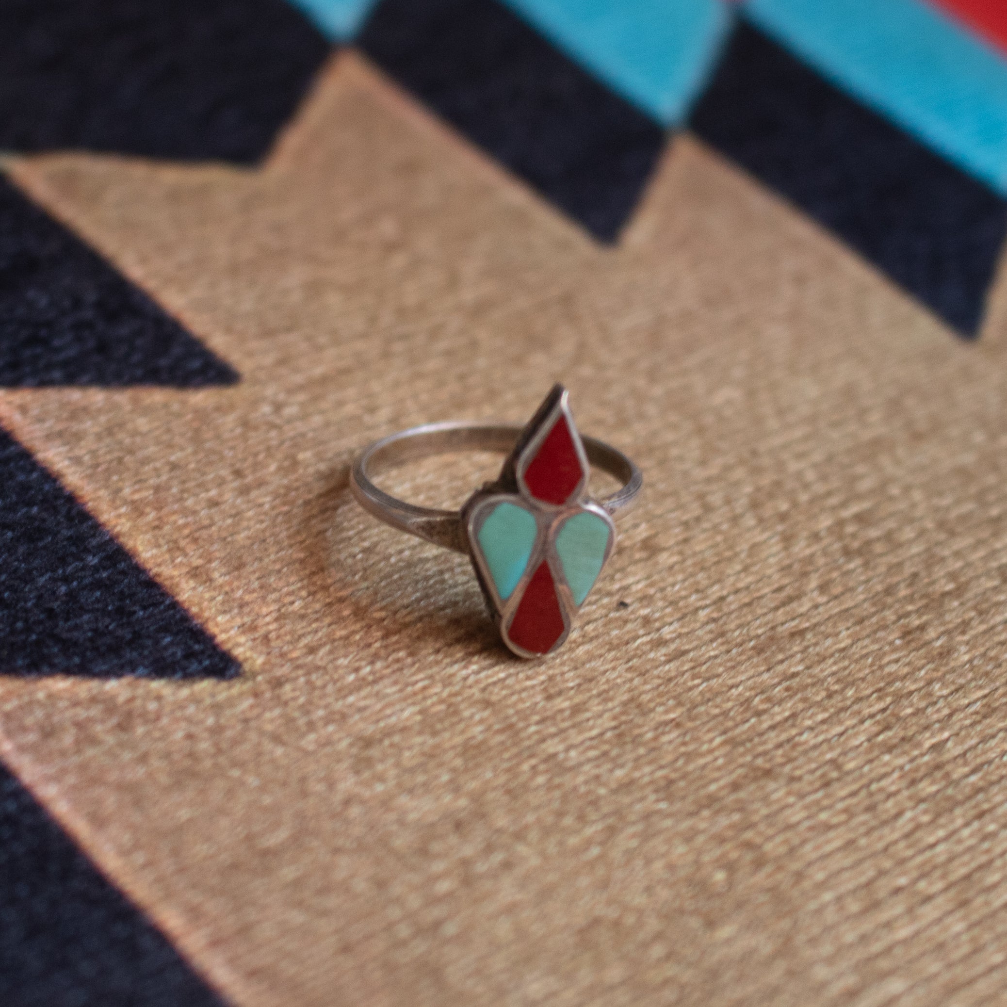 Zuni Navajo Sterling Silver Ring with Turquoise & Coral in a Geometric Shape
