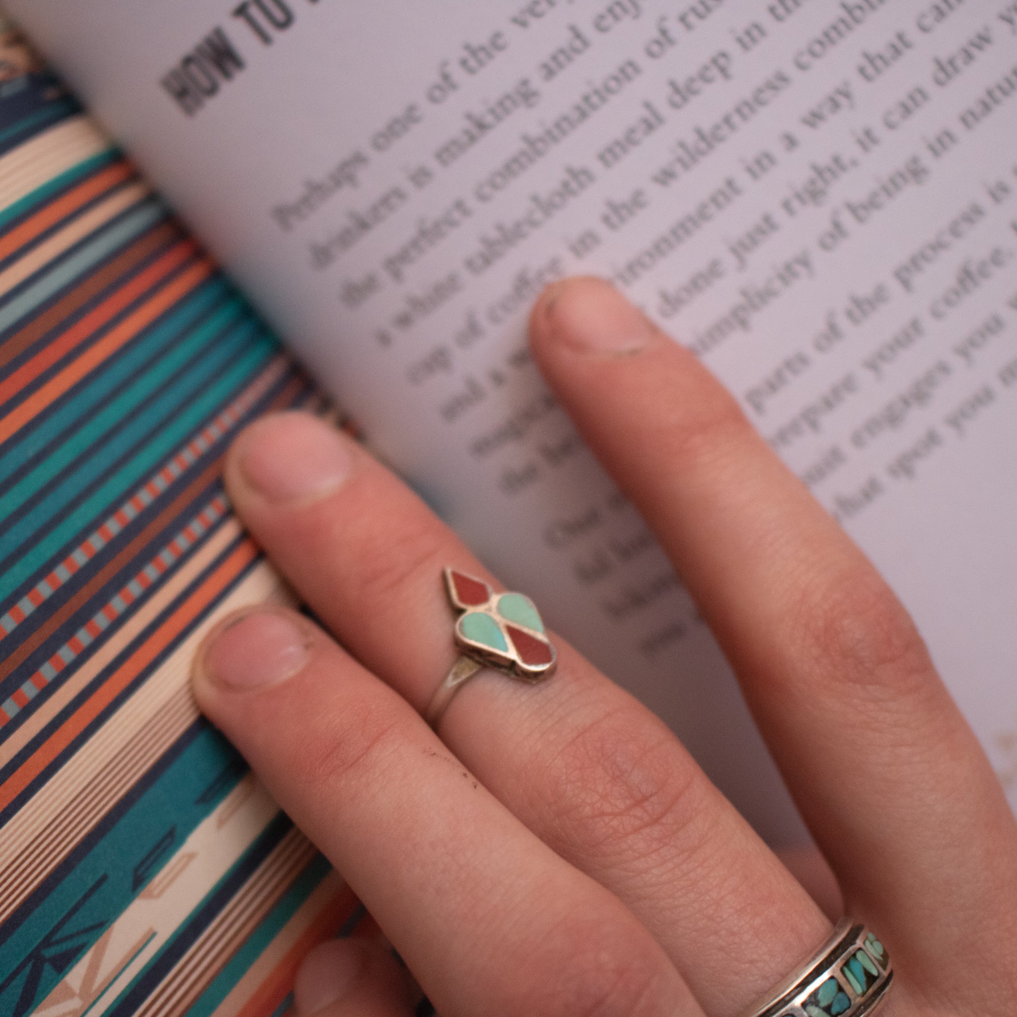 Zuni Navajo Sterling Silver Ring with Turquoise & Coral in a Geometric Shape