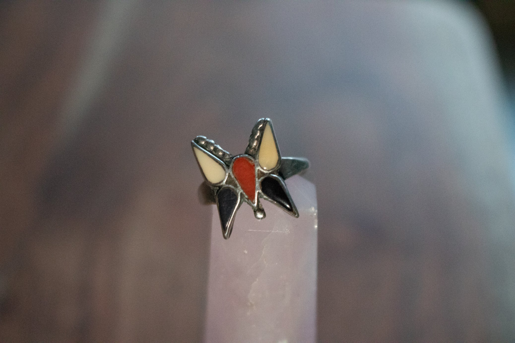Navajo Red Coral, Ivory, and Black Obsidian Butterfly Style Ring Size 4.5
