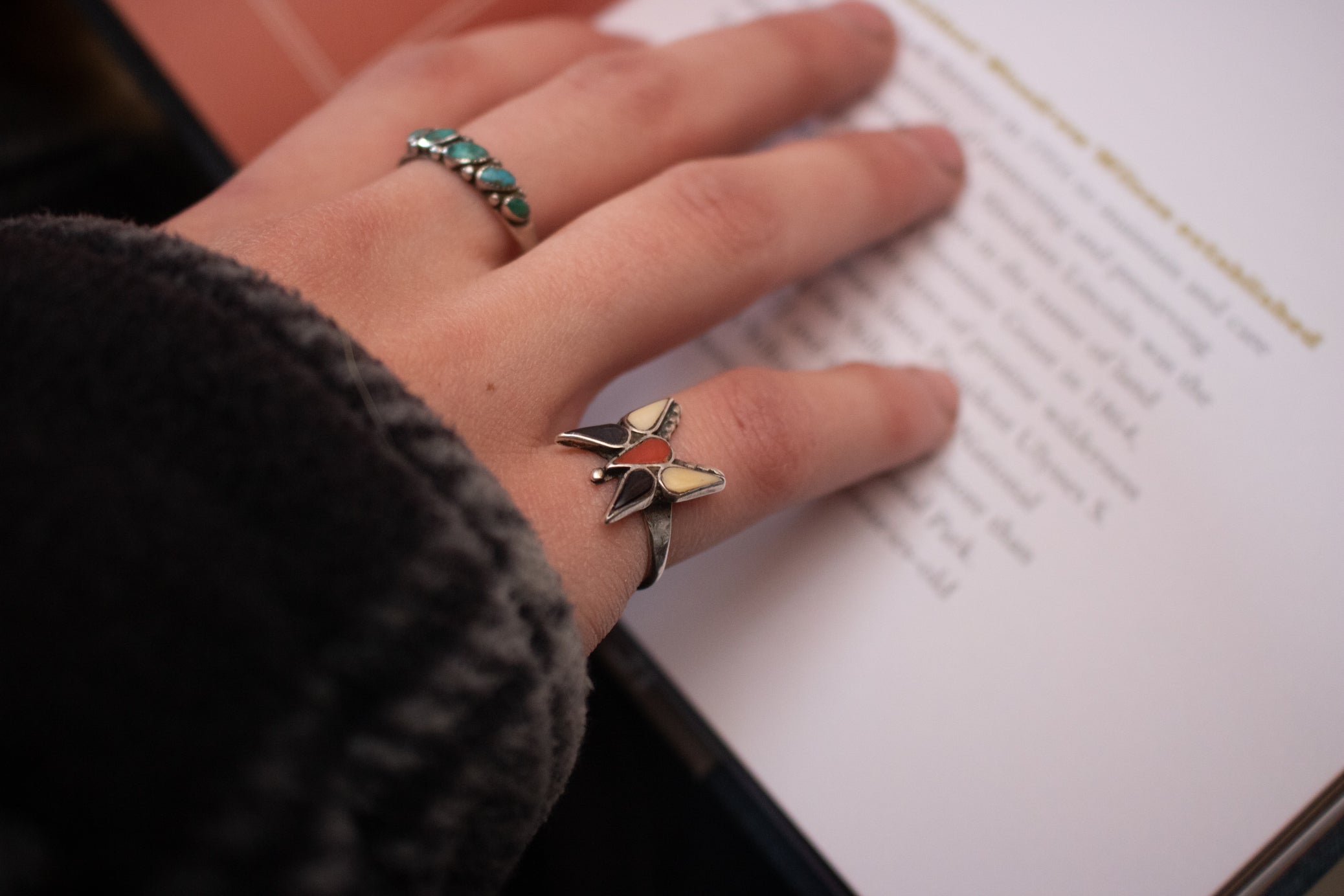 Navajo Red Coral, Ivory, and Black Obsidian Butterfly Style Ring Size 4.5