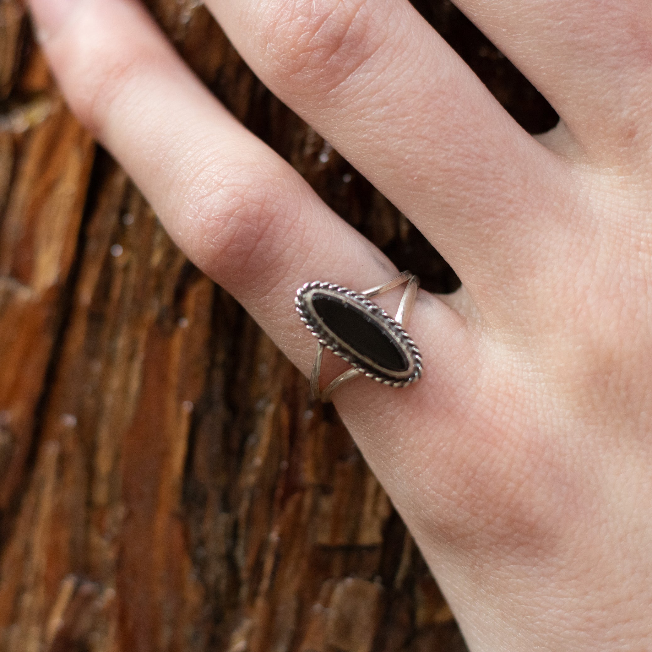 Black Obsidian Sterling Silver Split Band Statement Ring Size 3.5