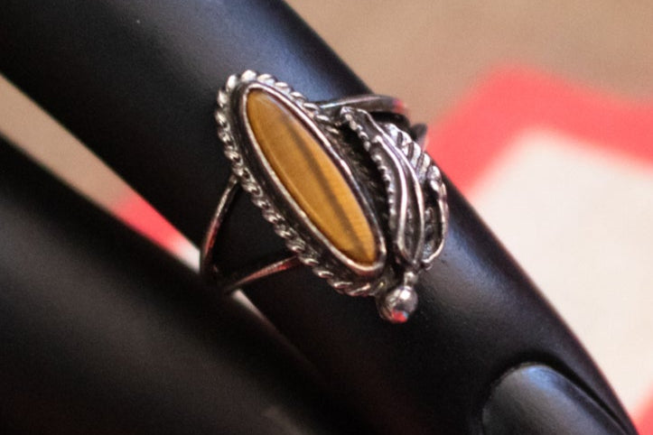 Tiger's Eye Sterling Silver Split Band Rings with Etched Feather Design- Size 3.5