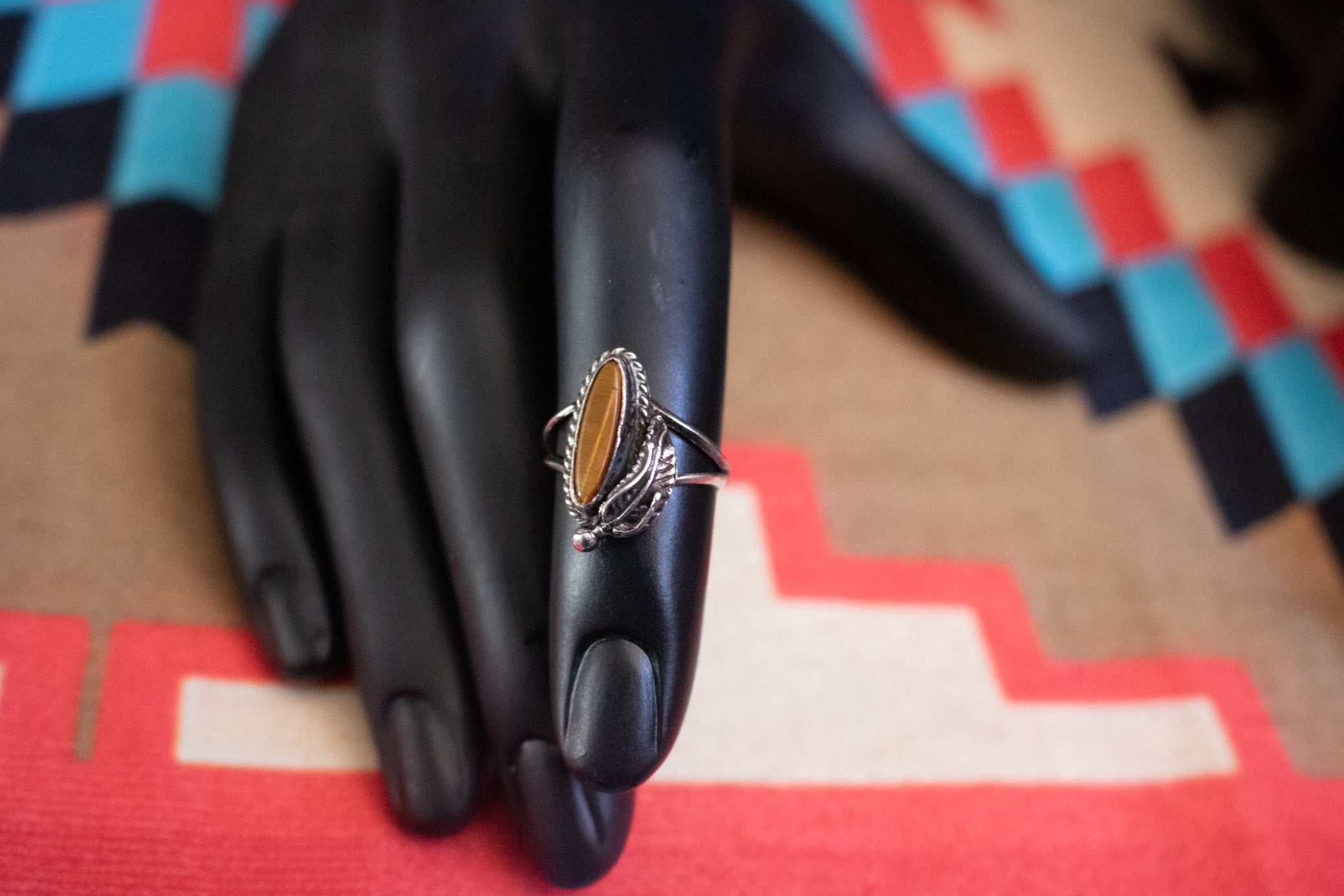 Tiger's Eye Sterling Silver Split Band Rings with Etched Feather Design- Size 3.5