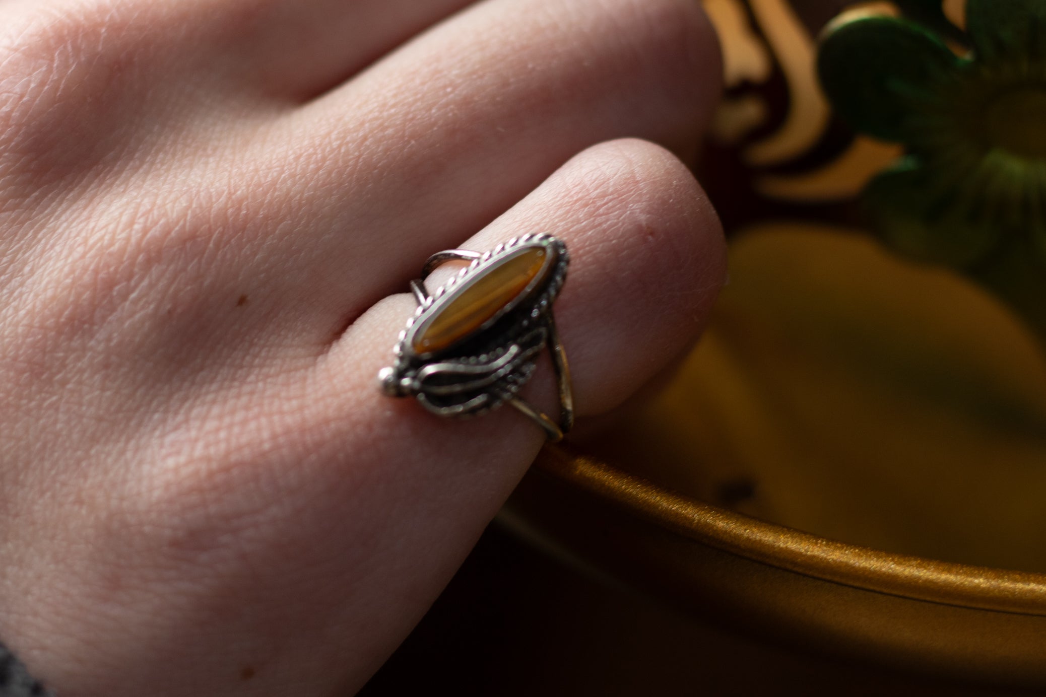 Tiger's Eye Sterling Silver Split Band Rings with Etched Feather Design- Size 3.5
