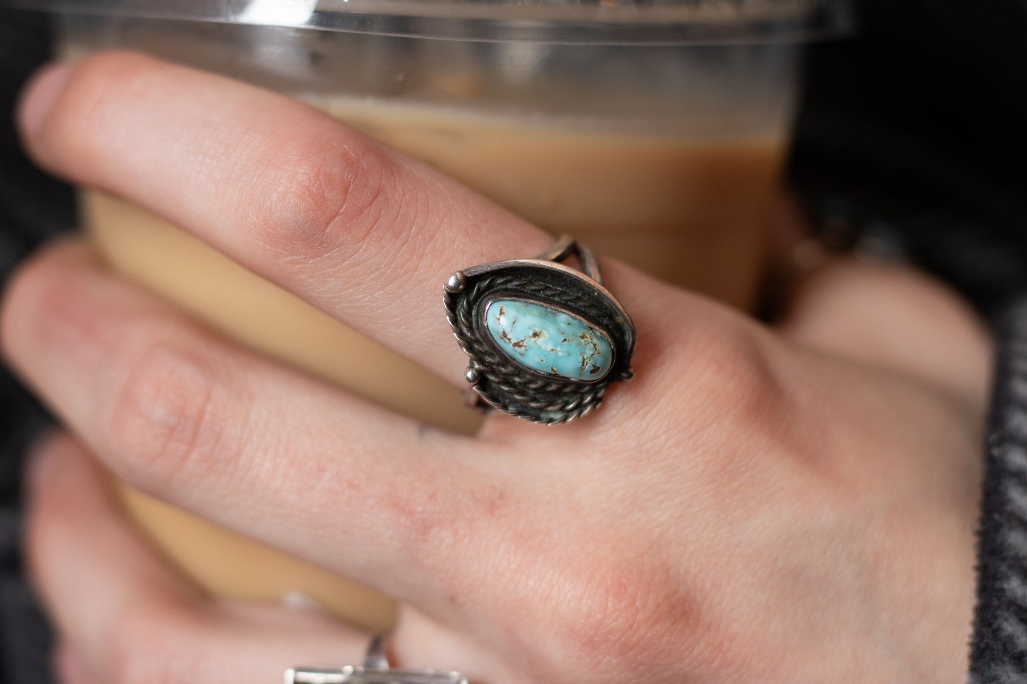 Unique Dyer Blue Turquoise Sterling Silver Rope Border Ring Size 7.5