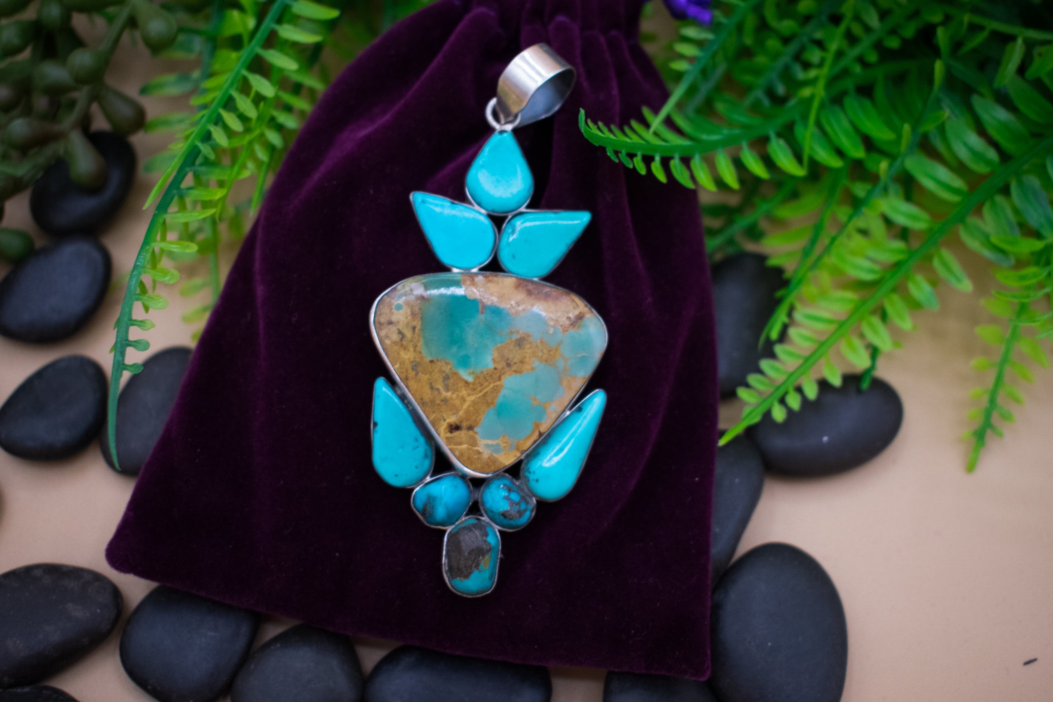 Navajo Markum Turquoise Pendant Stamped and Signed by Navajo Artist WH