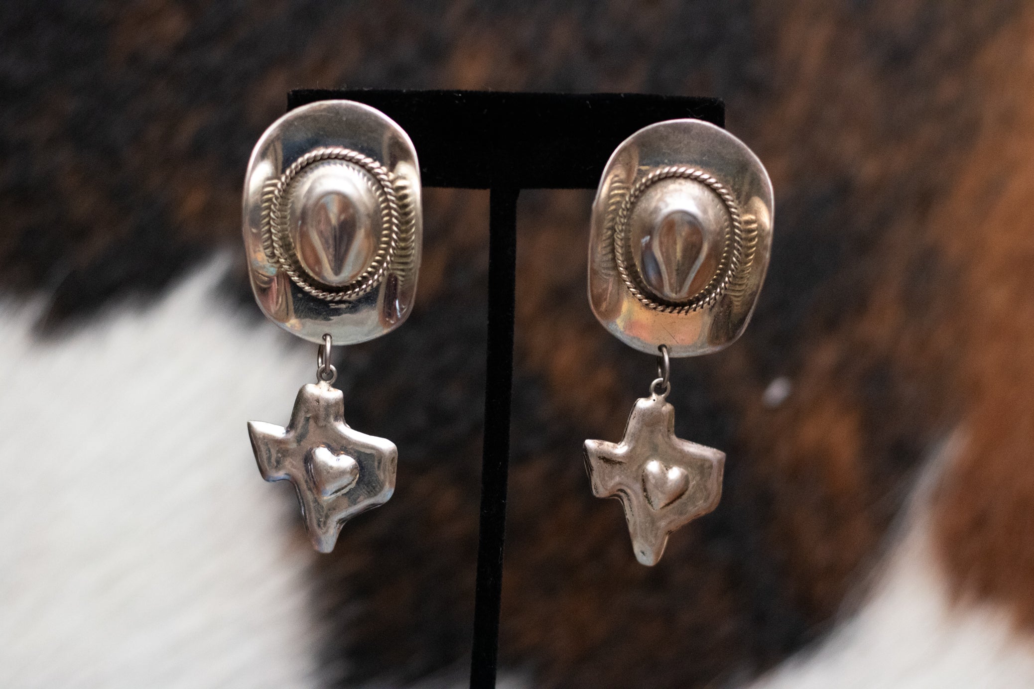 Vintage Silver Cowboy Hats Motif featuring an outline of Texas Dangle Earrings Made in Mexico