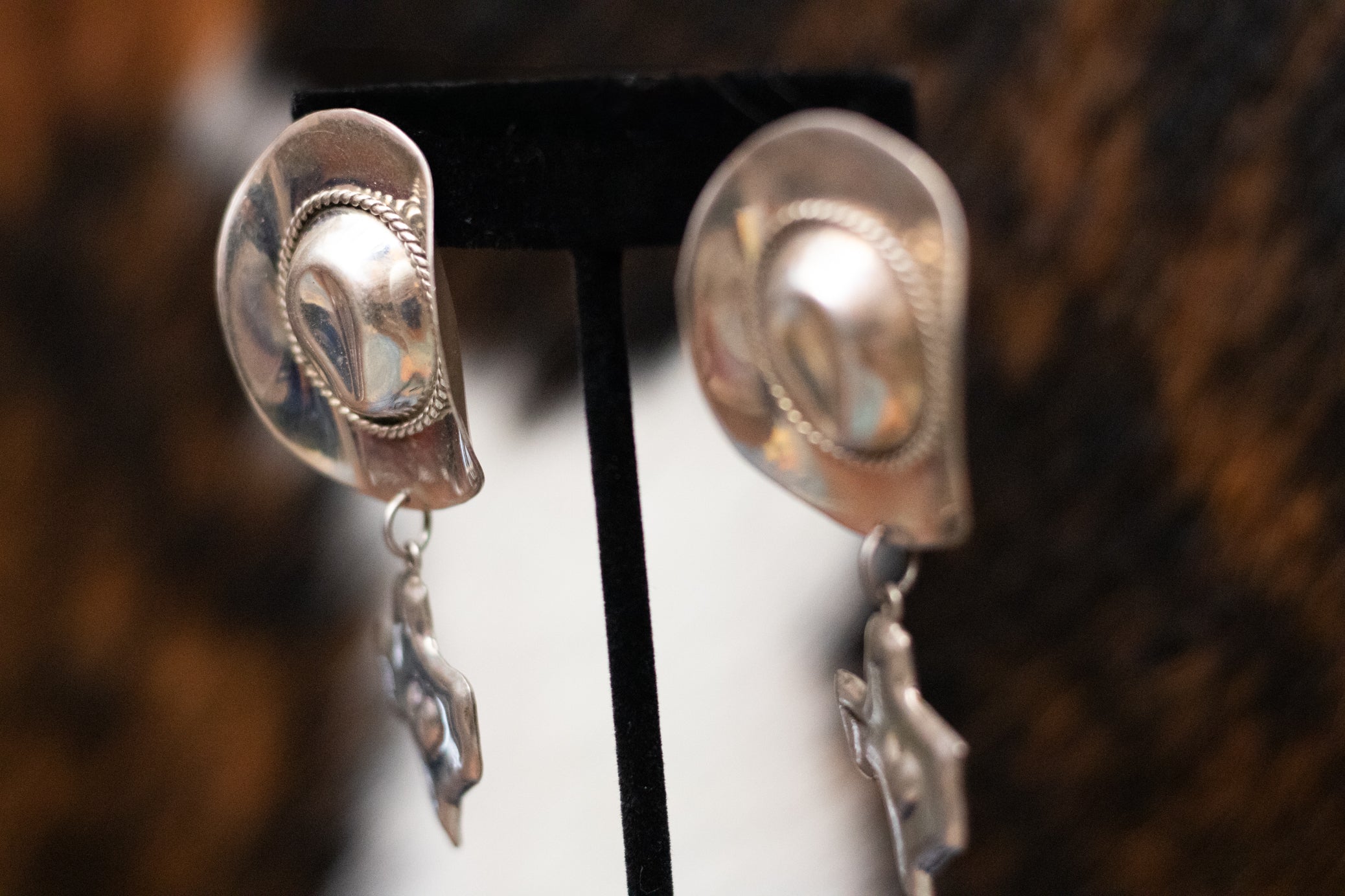 Vintage Silver Cowboy Hats Motif featuring an outline of Texas Dangle Earrings Made in Mexico