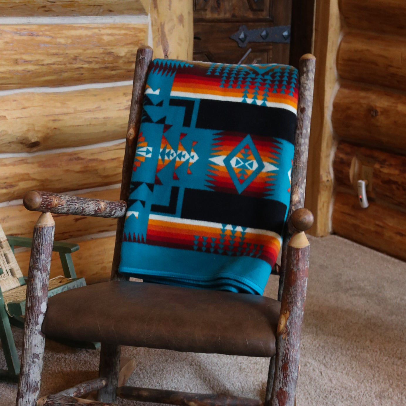 Pendleton Beaver State Blanket Featuring Bold Teal Blue with Warm Reds and Oranges