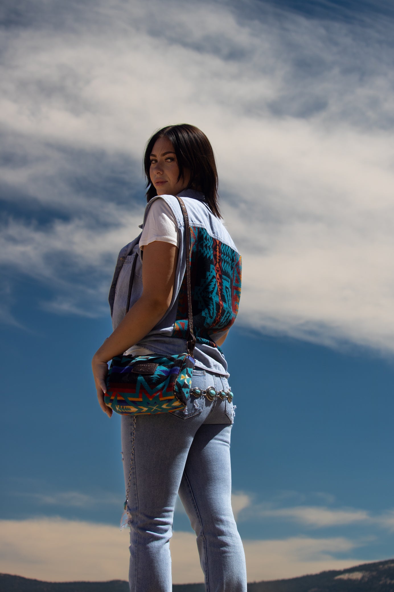 Venezia Jeans Denim Button up Vest altered with Pendleton Beaver State Fabric Size M