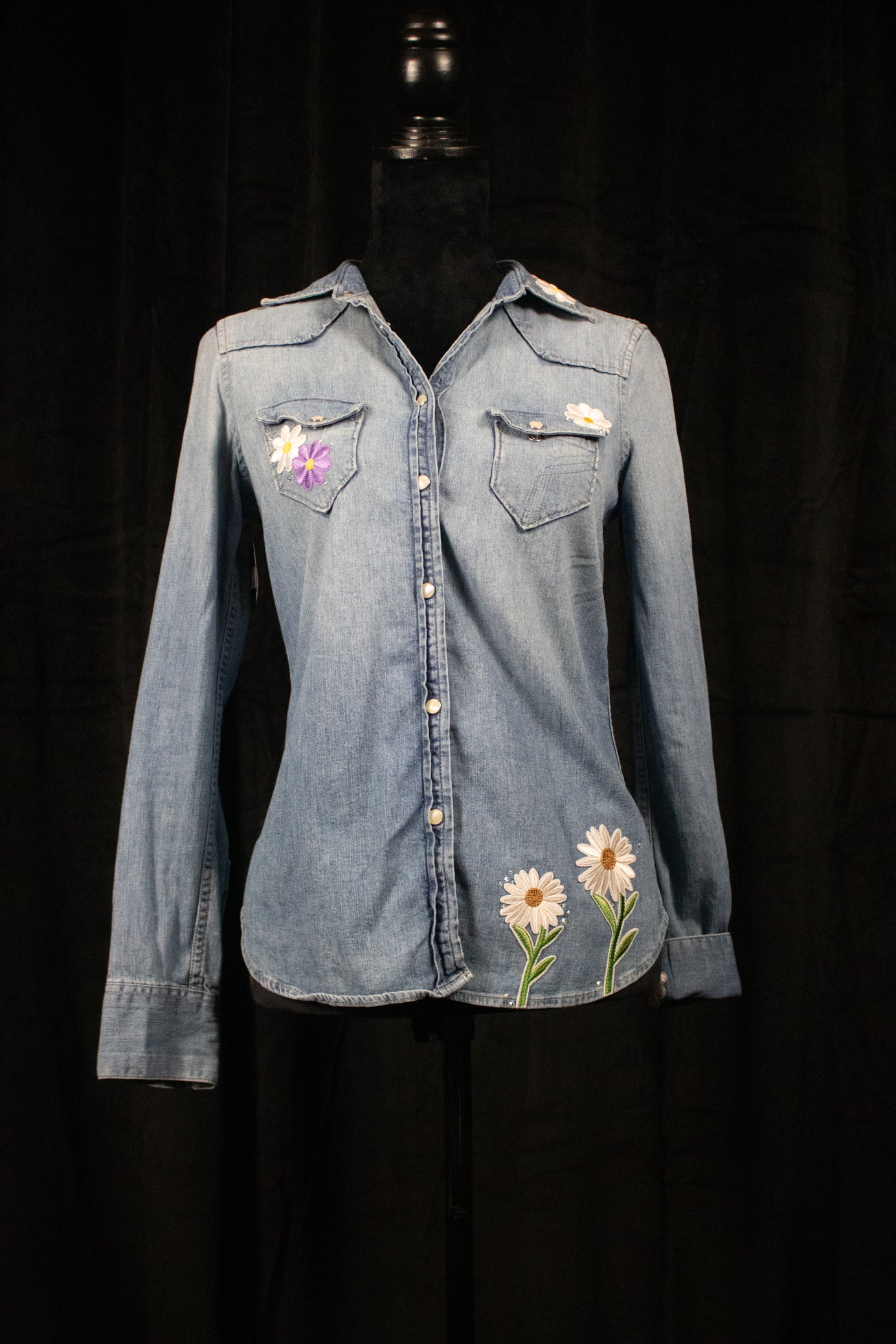 Western Distressed Denim White Pearly Buttons