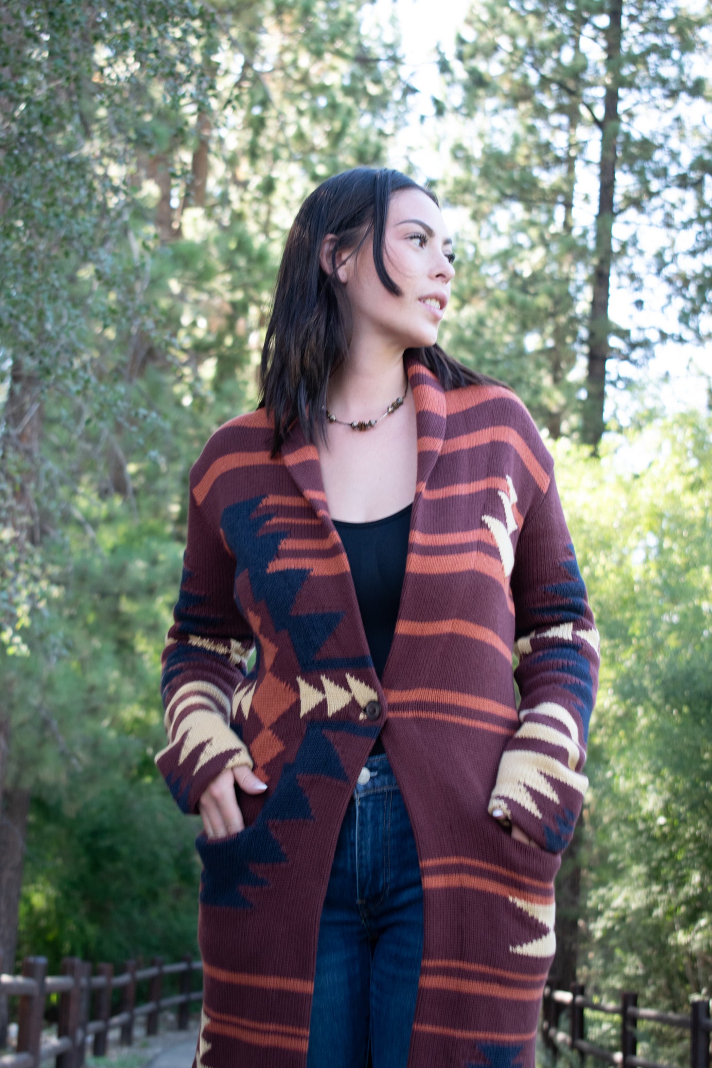 Pendleton Graphic Sweater Coat Brown Multi Colored Southwest Print