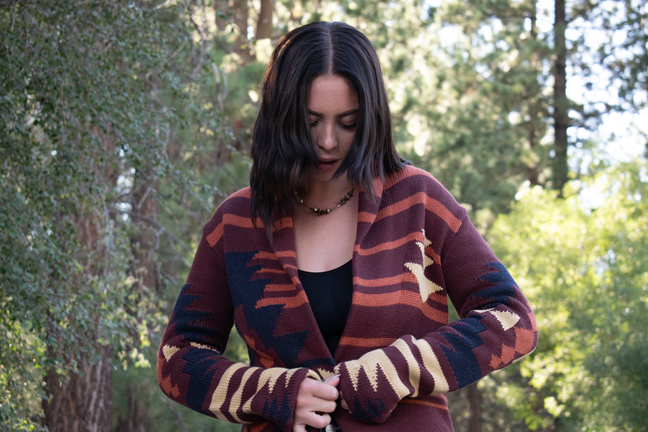 Pendleton Graphic Sweater Coat Brown Multi Colored Southwest Print