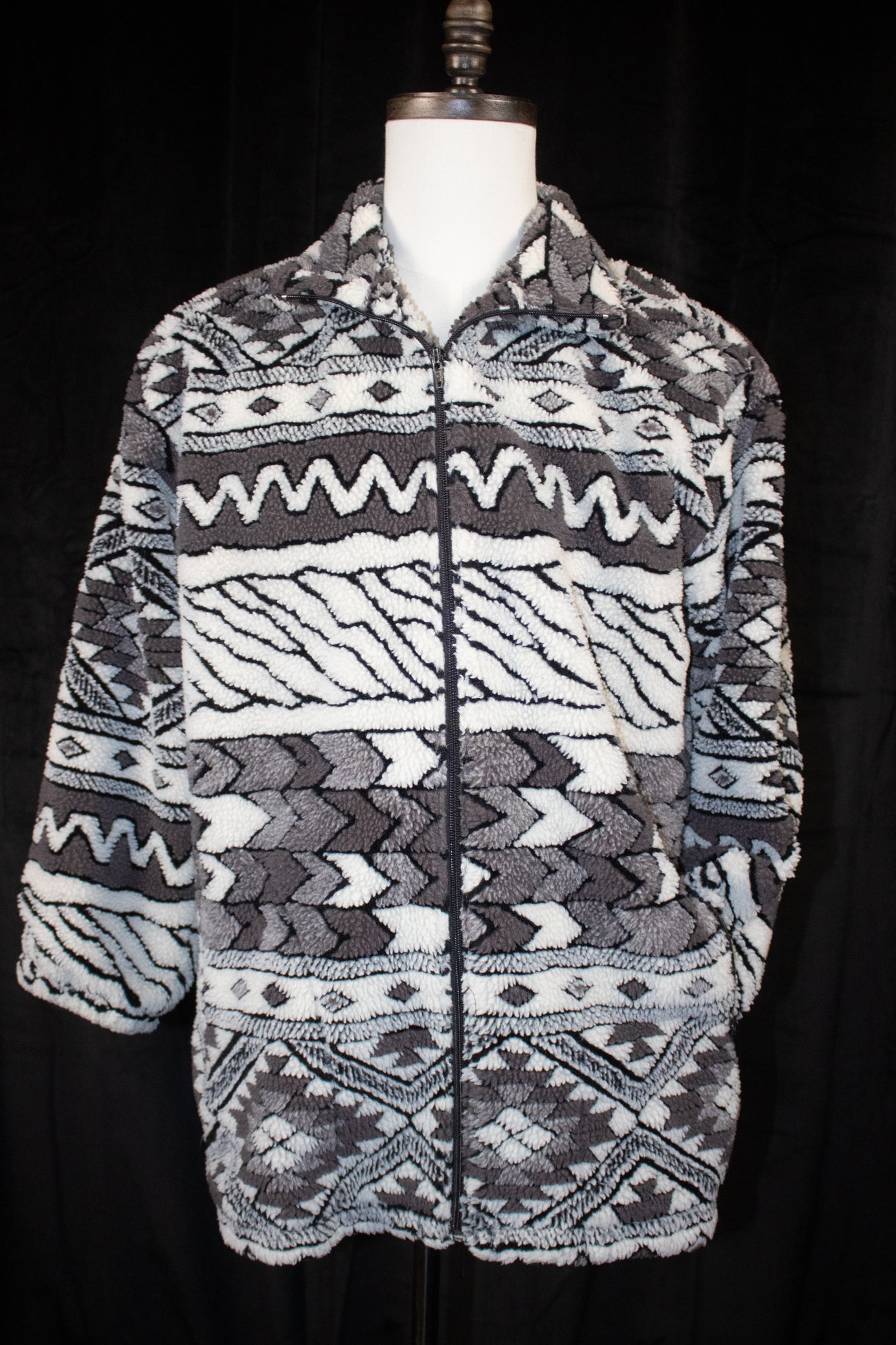Seasons Aztec Pattern Black and White Fleece zip up jacket