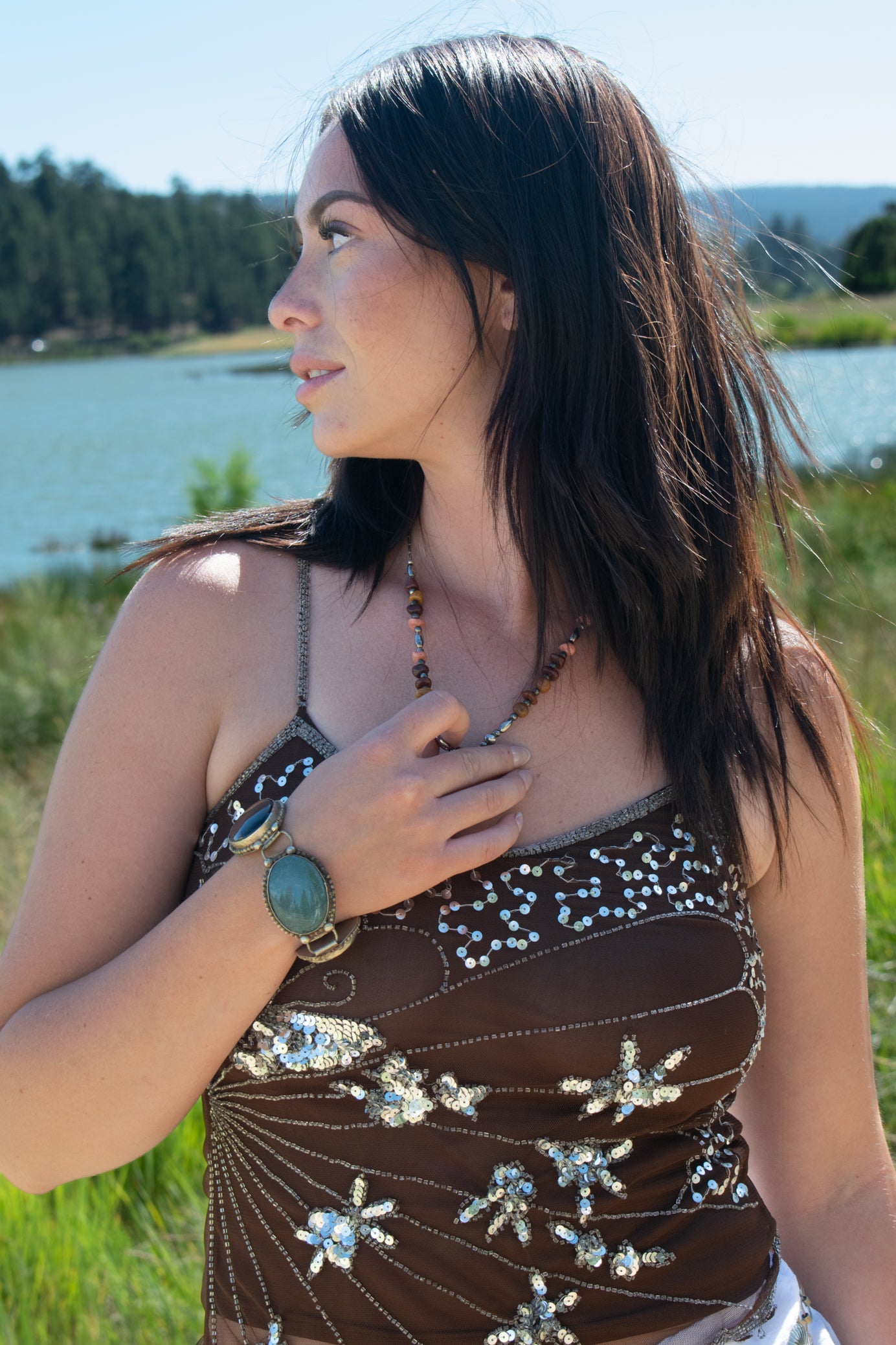 Vintage Silver Bracelet Features Polished Jasper, Agate, Jade and Onyx Stones