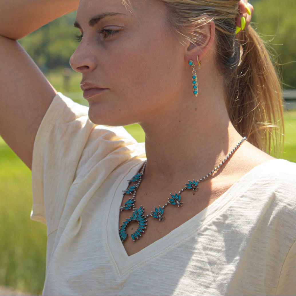 Navajo Turquoise Needlepoint Squash Blossom Necklace