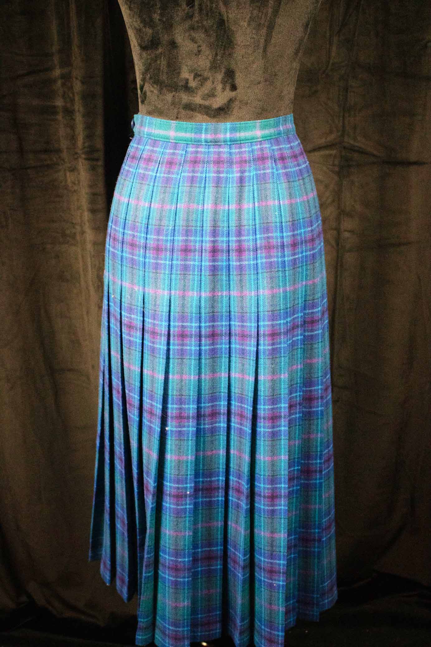Pendleton Women's Teal Blue Purple Plaid Pleated Wool Skirt
