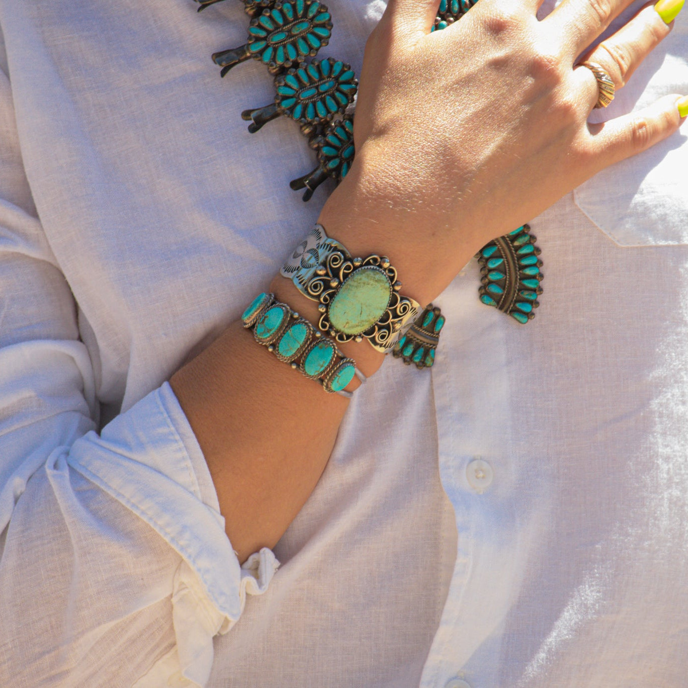 Navajo Indian Nickel Silver and Turquoise Cuff Bracelet by Cleveland