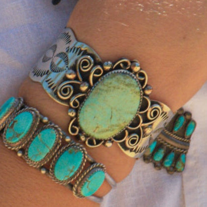 Navajo Indian Nickel Silver and Turquoise Cuff Bracelet by Cleveland