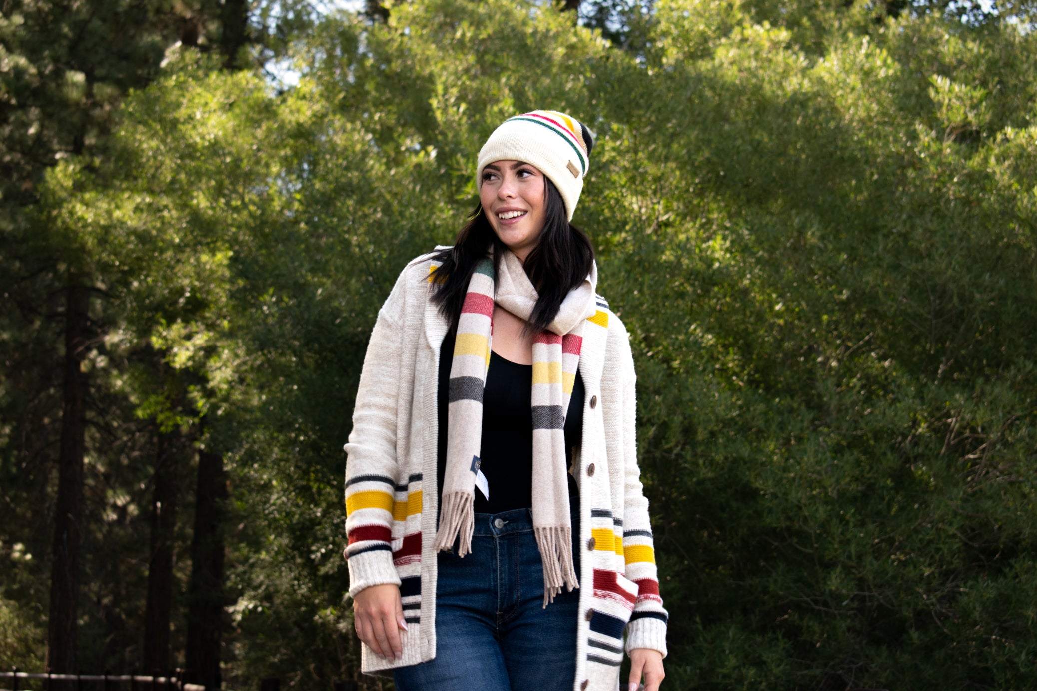 Pendleton Button up Cardigan Sweater Cream colored base with Blue, Yellow and Red strips size: XS