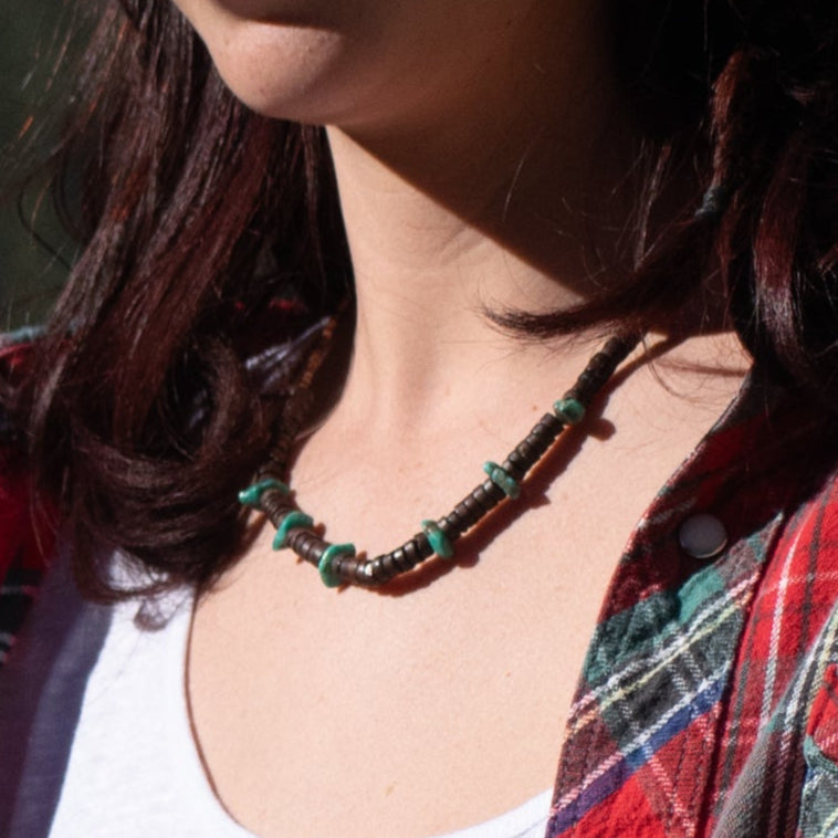 Vintage Navajo Native American Santa Rita Turquoise Necklace with Wooden Beads