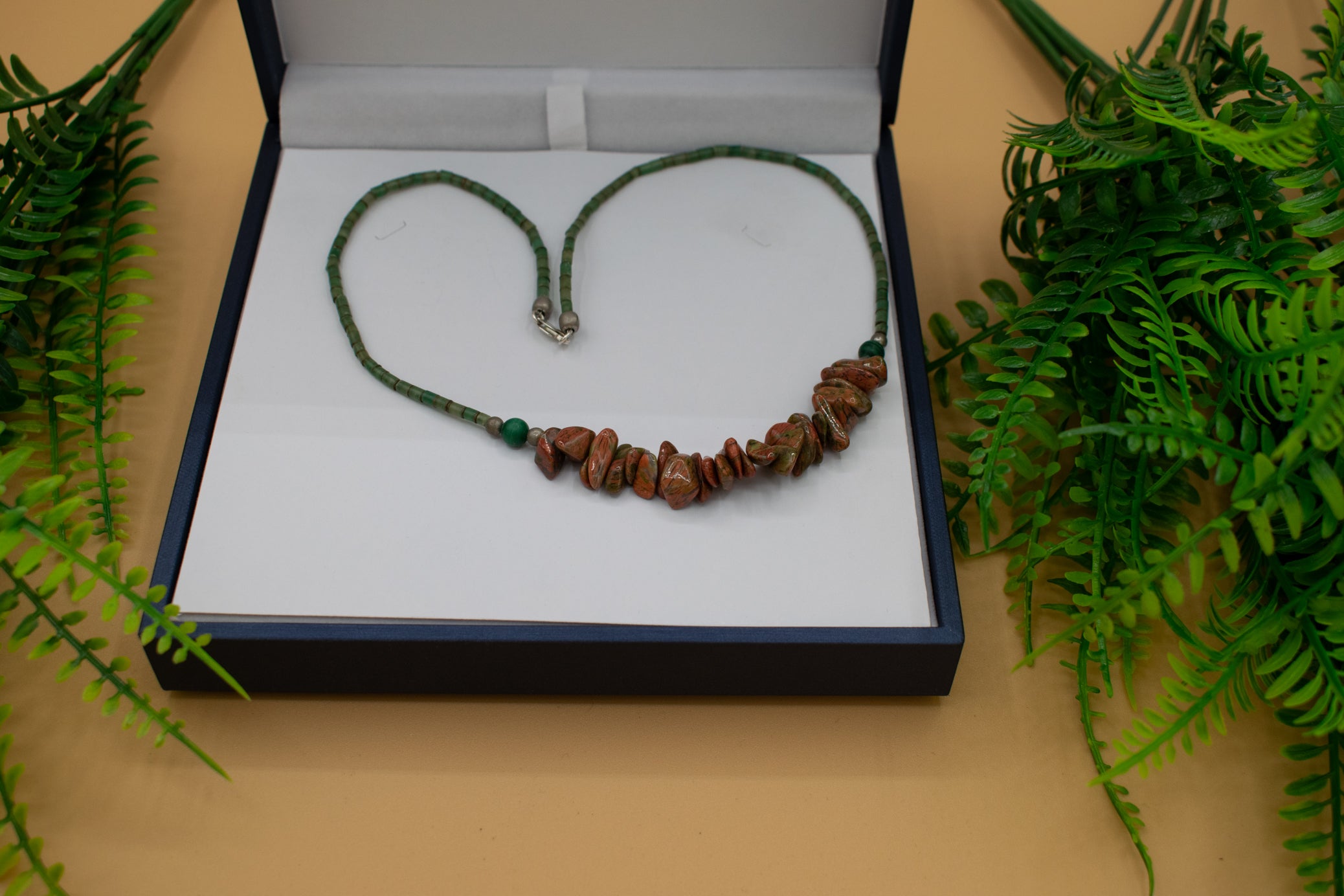 Unakite, Malachite, Serpentine, and Sterling Silver Beaded Necklace with Sterling Silver Clasp.