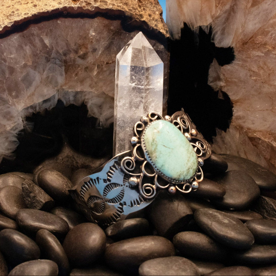 Navajo Indian Nickel Silver and Turquoise Cuff Bracelet by Cleveland