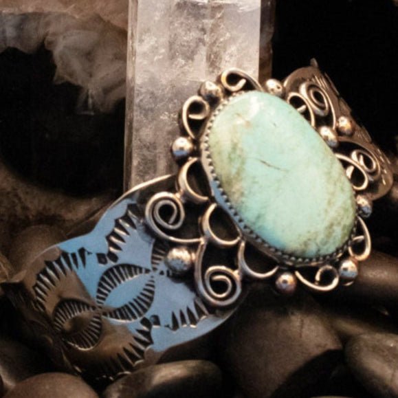 Navajo Indian Nickel Silver and Turquoise Cuff Bracelet by Cleveland