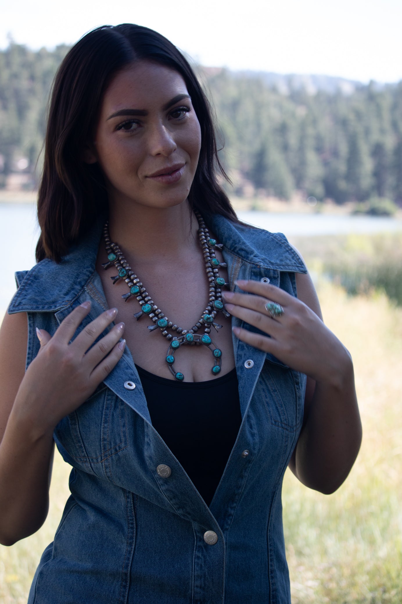 Vintage Navajo Kingman Turquoise Sterling Silver Squash Blossom Necklace