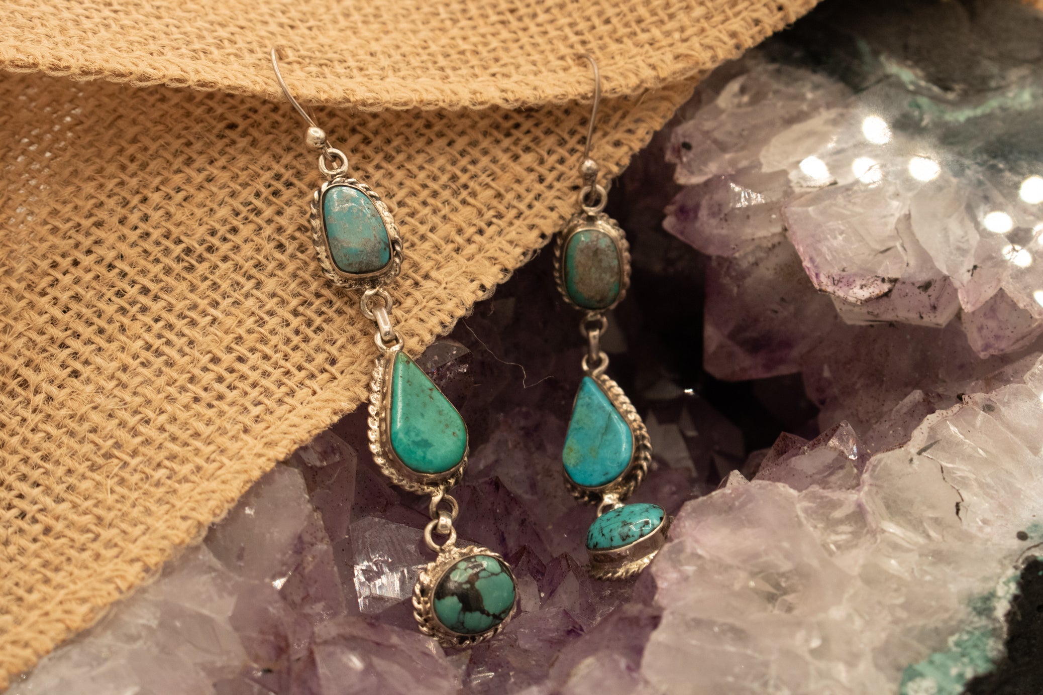 Vintage Navajo Turquoise Sterling Silver Three Tier Dangly Earrings Crafted by Silversmith WH