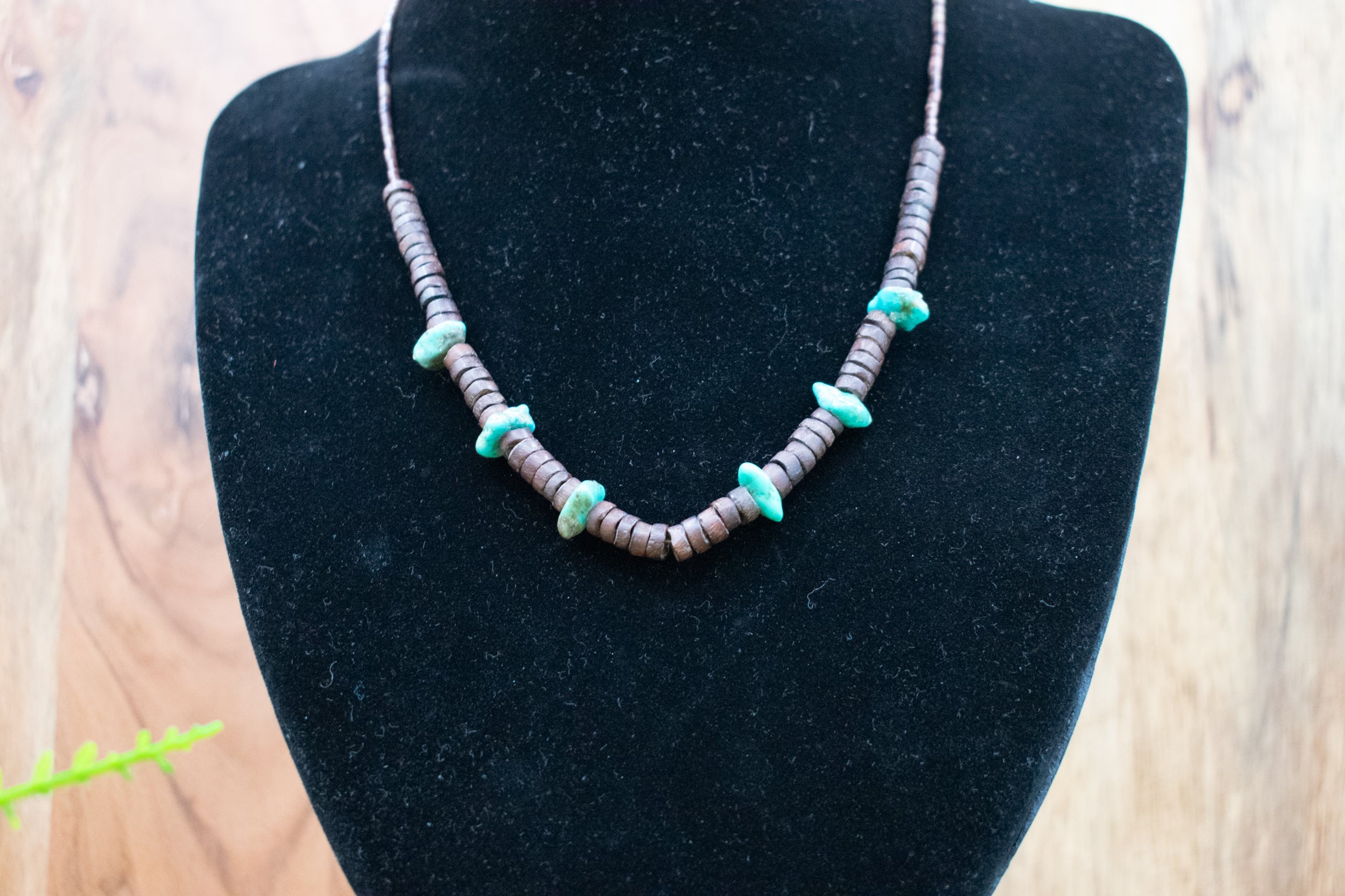 Vintage Navajo Native American Santa Rita Turquoise Necklace with Wooden Beads