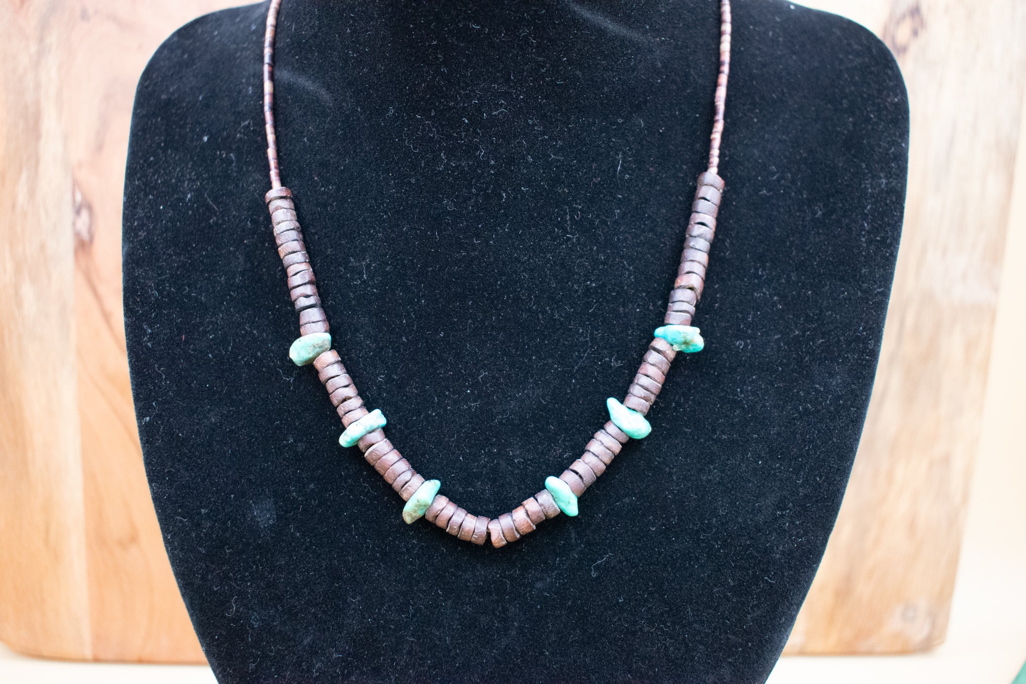 Vintage Navajo Native American Santa Rita Turquoise Necklace with Wooden Beads