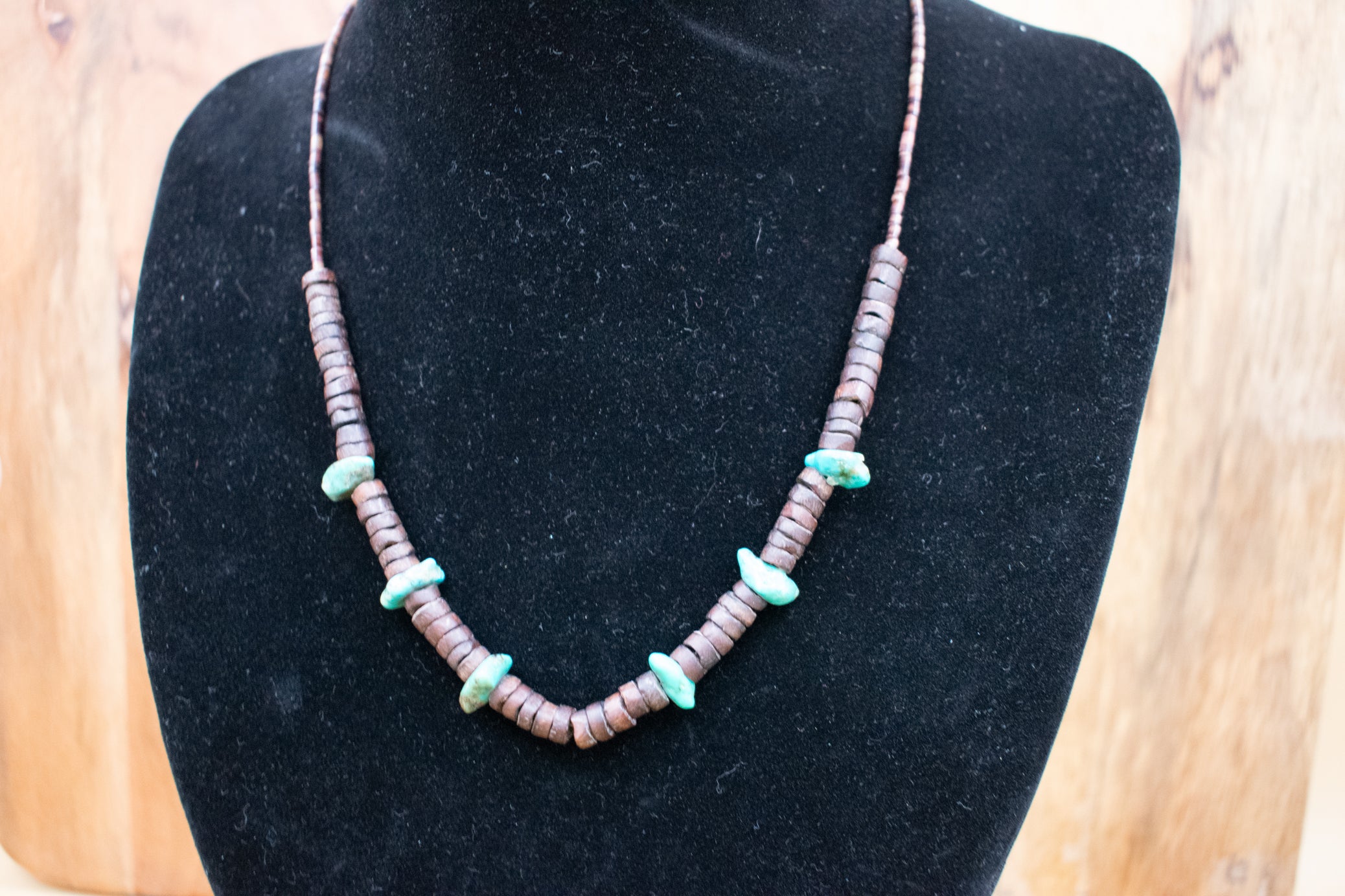 Vintage Navajo Native American Santa Rita Turquoise Necklace with Wooden Beads